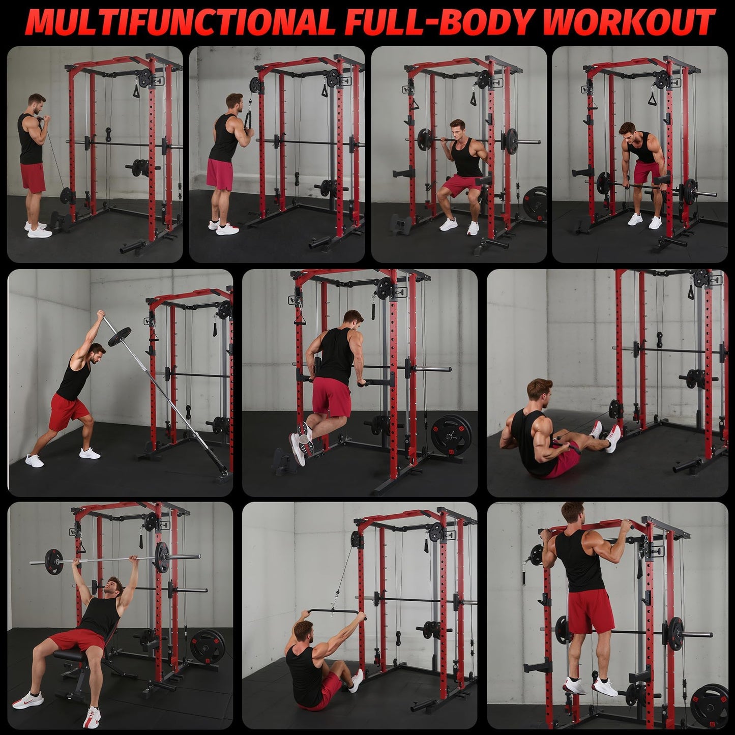 GAOMON Smith Machine Squat Rack, Heavy Duty Strength Training Power Cage with Pulley System, Dip Bar, LAT Pulldown, Multifunctional Workout Machine for Home Gym, Studio, Red