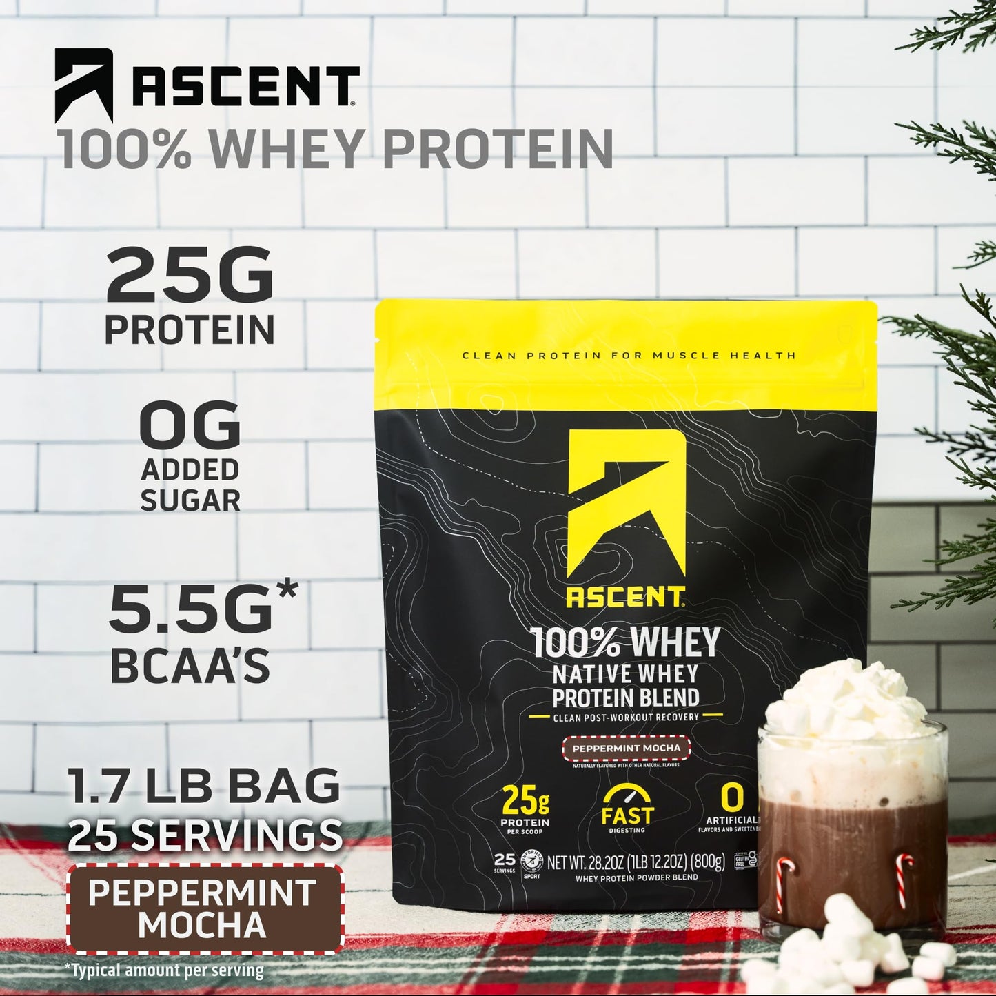 Ascent 100% Whey Protein Powder - Post Workout Whey Protein Isolate, Zero Artificial Flavors & Sweeteners, Gluten Free, 5.5g BCAA, 2.6g Leucine, Peppermint Mocha 1.7 lb