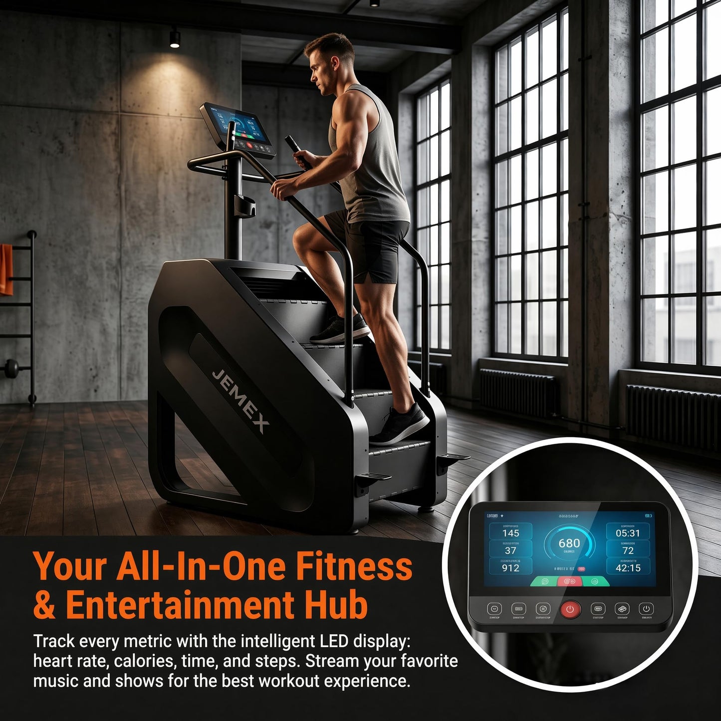 JEMEX Stair Stepper Machine, Heavy Duty Stair Climber with 15 Resistance Levels, Low Impact Cardio for Home Gym, Infrared Auto-Lock, LED or Standard Model, 375 lbs (Black, LED Display)