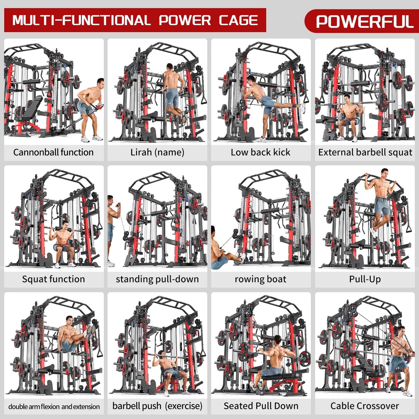 XGSW Smith Machine with Cable Crossover System, Multi-Function Squat Rack Power Cage for Home Gym, Power Rack and Packages Weight Sets (L05, Power cage Red+Bench+Cast lron 220LBS)