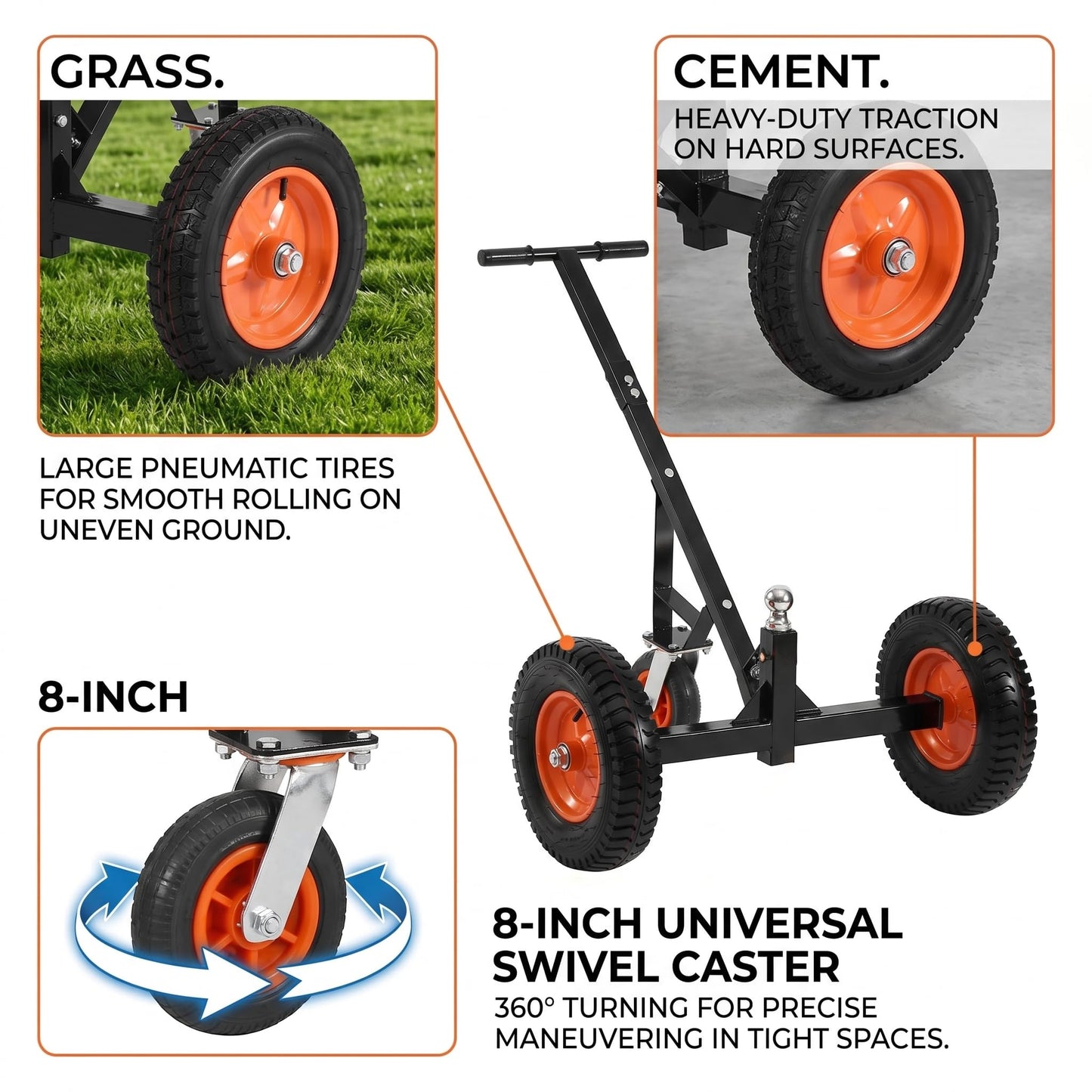 Heavy Duty Trailer Dolly, 1200 lbs Tongue Weight Capacity Trailer Mover with 2" Ball, 15.2" Pneumatic Tires & 8" Swivel Wheel, Adjustable Height Tow Dolly for Boat, RV, Utility Trailers (1200lbs)