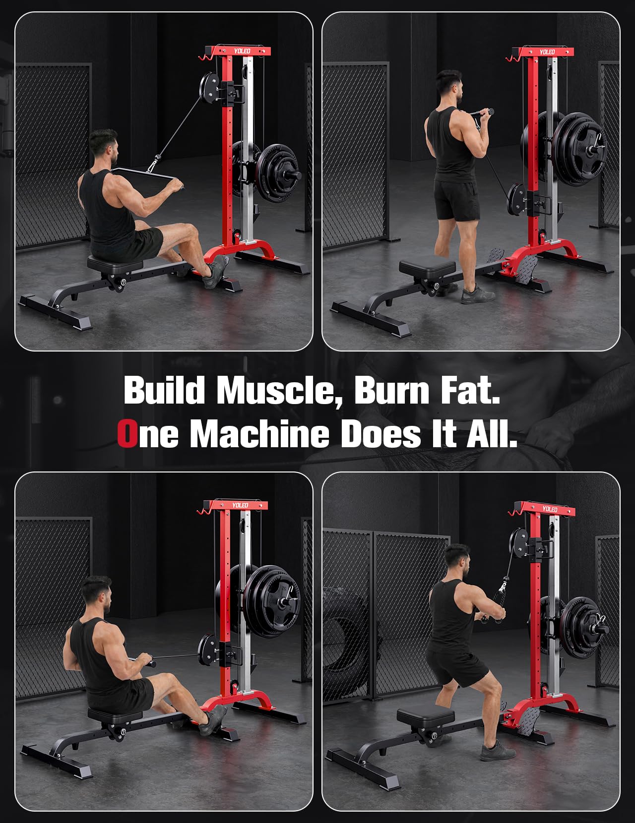 2-in-1 Adjustable Rowing Cable Machine & LAT Pulldown Station for Home Gym, Foldable Space Saver with 6 Attachments, Supports 450 Lbs Weight Plates