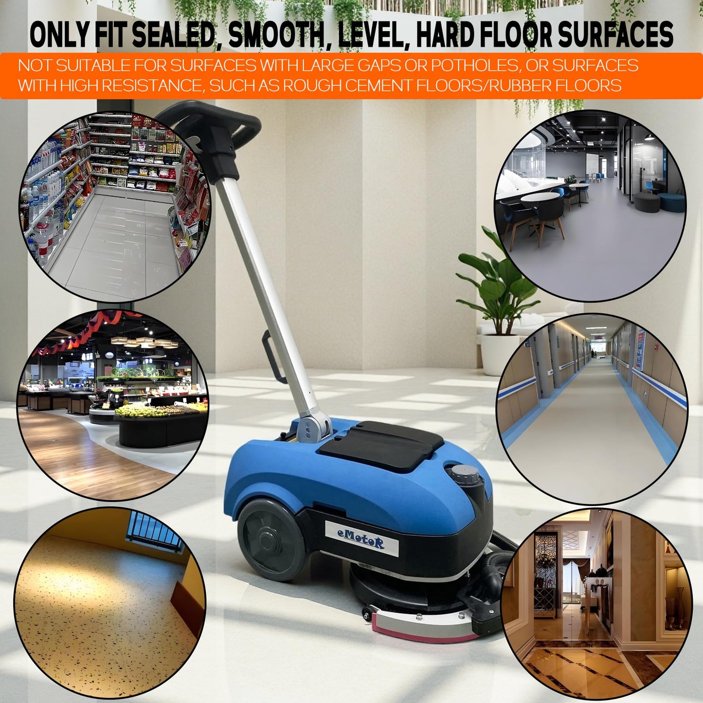 Emotor Portable Commercial Floor Scrubber Machine,Walk Behind Automatical Floor Scrubber with 360 Degree Rotation Squeegee
