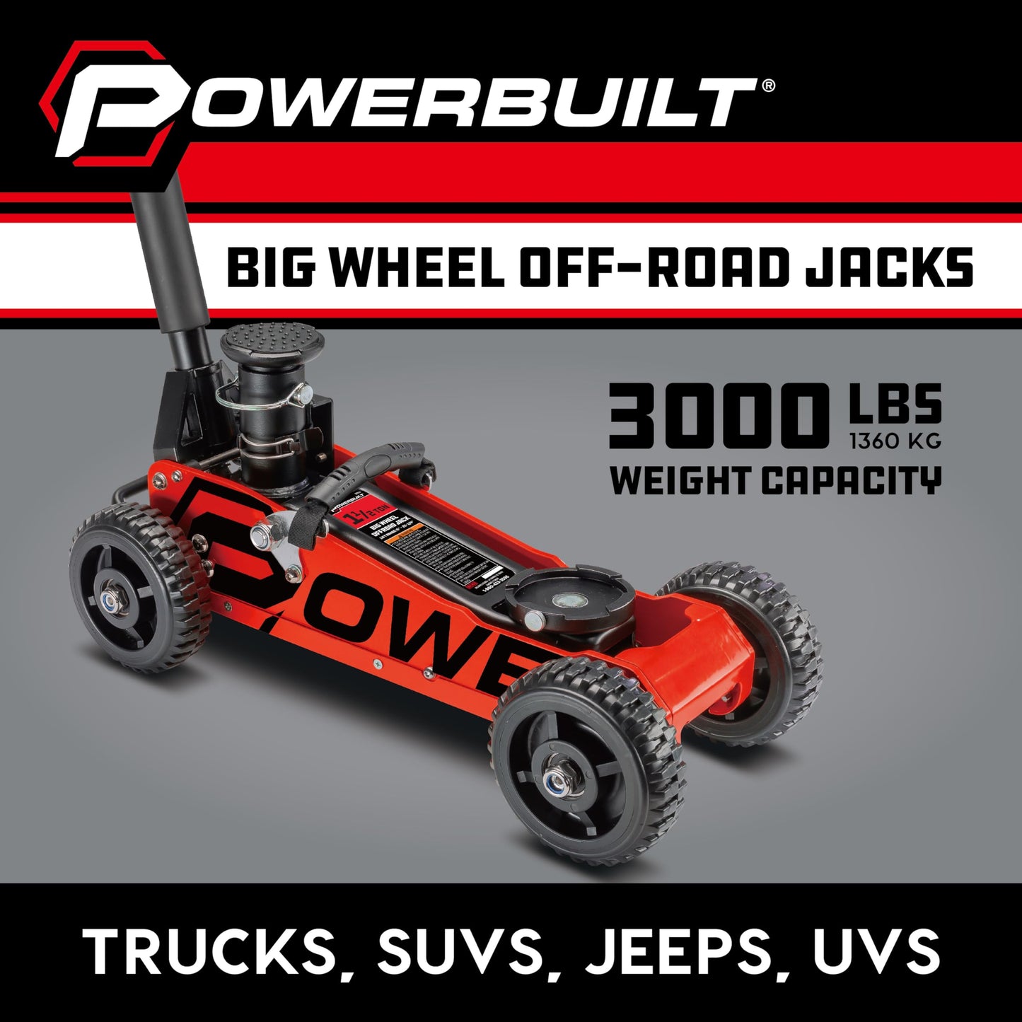 Powerbuilt 1.5 Ton Big Wheel Off Road Jack, Vehicle Lift for Trucks, SUVs, ATVs Offroad Vehicles, Oversized Wheels for Rugged Terrain, 3000 LB Capacity, Orange 620704ECE