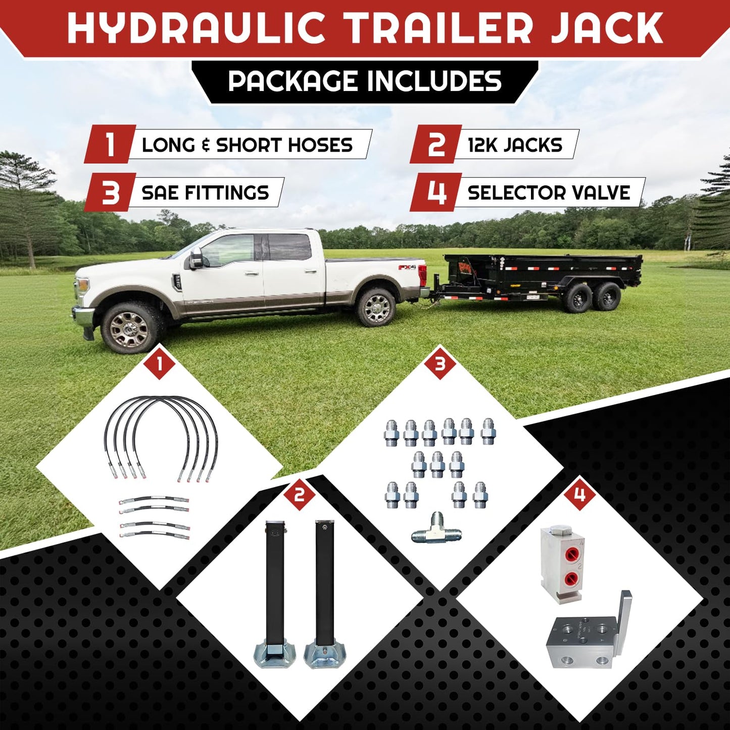 Hydraulic Trailer Jack (24,000 lb) - Power Jack 12K x 2 Double Acting, Lift Trailer Jack Stand with Hydraulic Power Unit (24k Jacks Weld On) PFJ-2-ADS-K