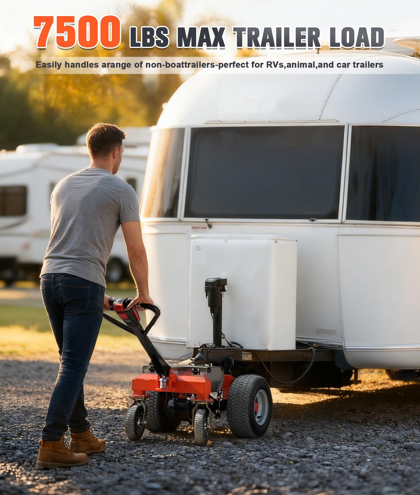 Gasgo Electric Trailer Dolly – 7500 Lbs Capacity, All-Terrain 6-Wheel Anti-Tip Design, Handheld Reverse/Drive/Brake Control, Dual 2" & 4" Ball Hitch Mount for RVs, Car Trailers, Campers (Orange)