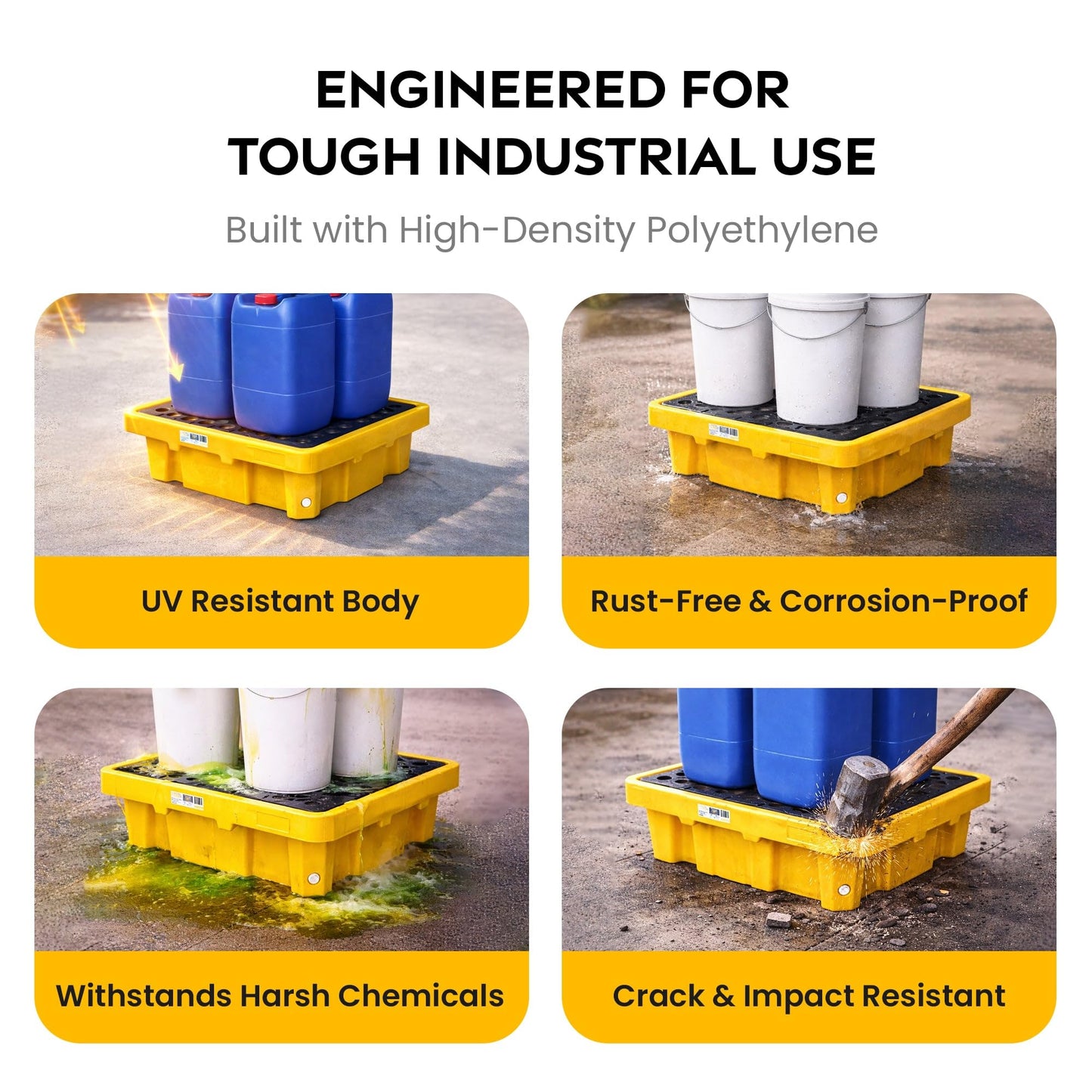 Spill Ready High Capacity 4 Drum Spill Containment Pallet - 51" x 51" x 18" - 114 Gallon Sump, HDPE Drum Containment with Drain and Forklift Pockets, Yellow - Secondary Containment Pallet