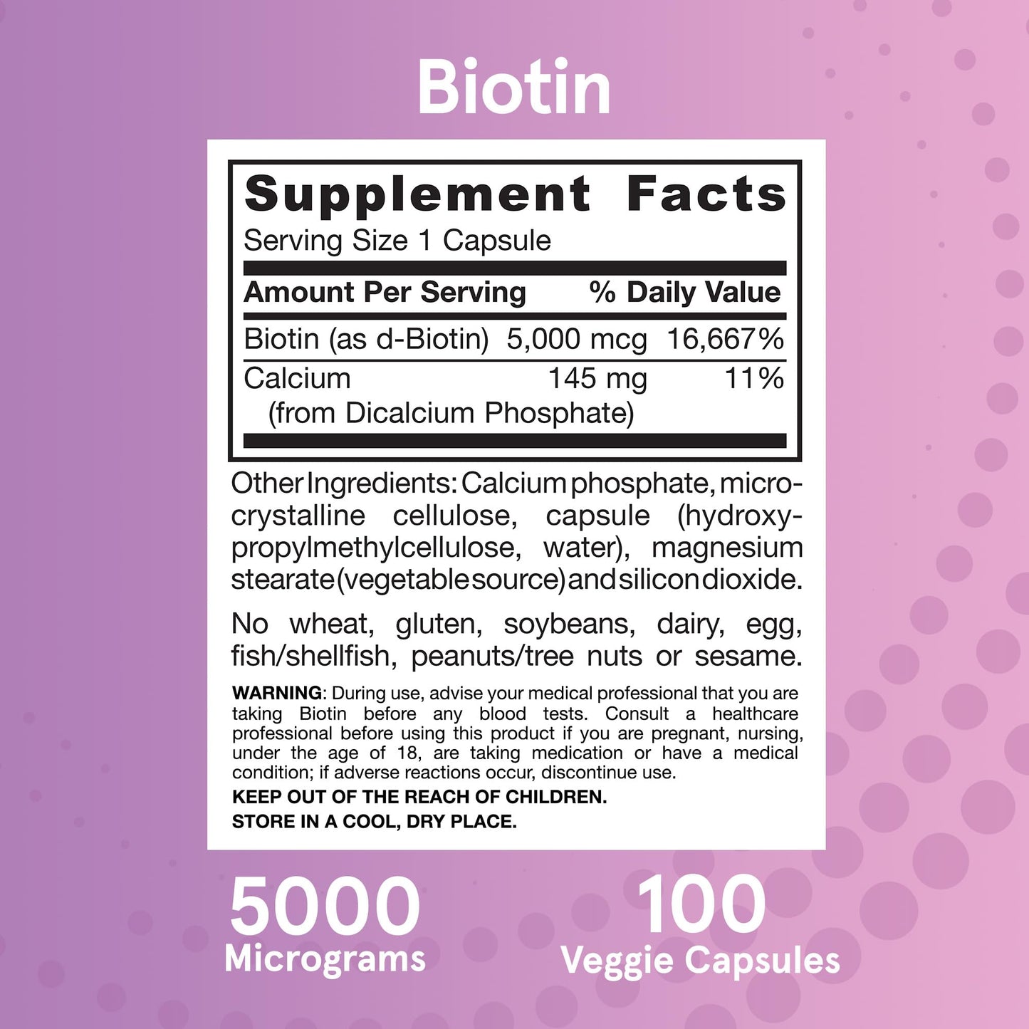 Jarrow Formulas® Biotin Ultra Strength 5000 mcg, Dietary Supplement, Hair, Skin, and Nails Support, 100 Veggie Capsules, Up to 100 Day Supply
