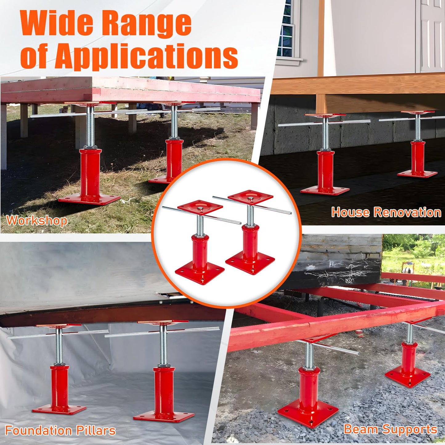 4 Pack House Jacks for Leveling Crawlspace, 7" - 11" Height Range, 11023 lbs Max Load Capacity, House Floor Jacks Post Pole for Leveling