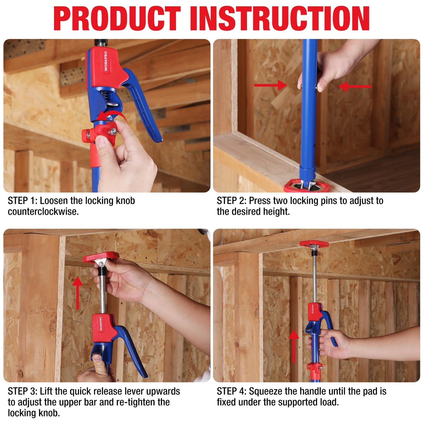 WORKPRO Cabinet Jack Support Pole, 18.5" to 29.5" Steel Telescopic Quick Support Rod Adjustable 3rd Hand Support System with 154 lbs Capacity for Cabinet Jack, Drywall Jack& Cargo Bars, 2-Pack