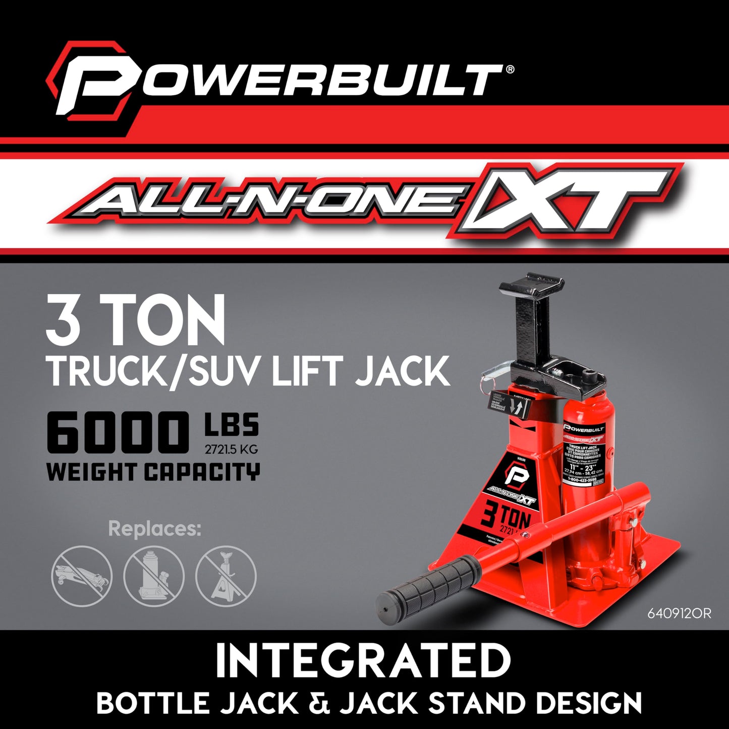 POWERBUILT 3 Ton All-in-One Hydraulic Bottle Jack and Jackstand in One, Compact, Wide Base, 11-21 inch Range, Eliminates Jackstands, for Trucks, SUVs, RVs, Trailers, Not for Sedans (Orange) 640912OR