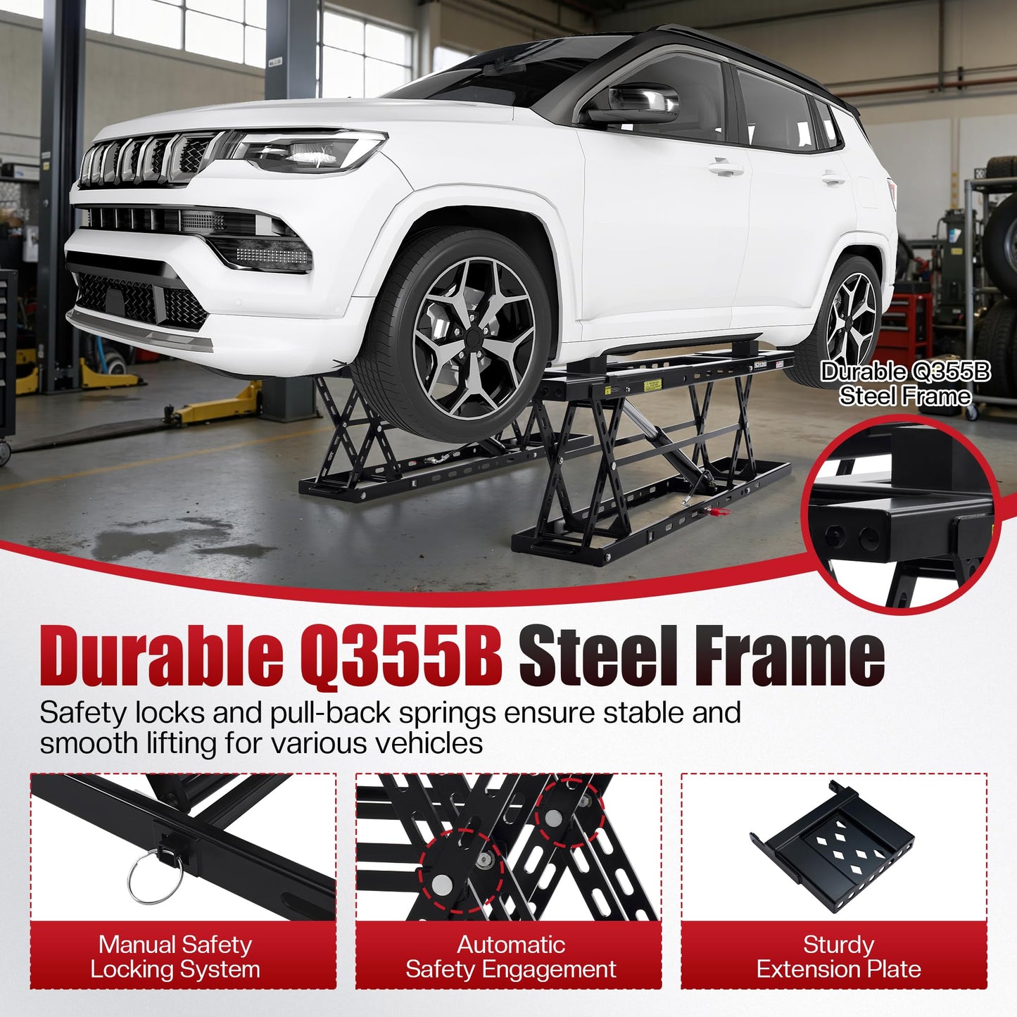 SPECRAFT 8000 LBS Portable Car Lift, Heavy-Duty Hydraulic Quick Jack with 27.4" Max Height, Multi-Safety Lock Bars & Wheels, Adjustable Scissor Lift for Cars, SUVs, Light Trucks, Garage Use, Black