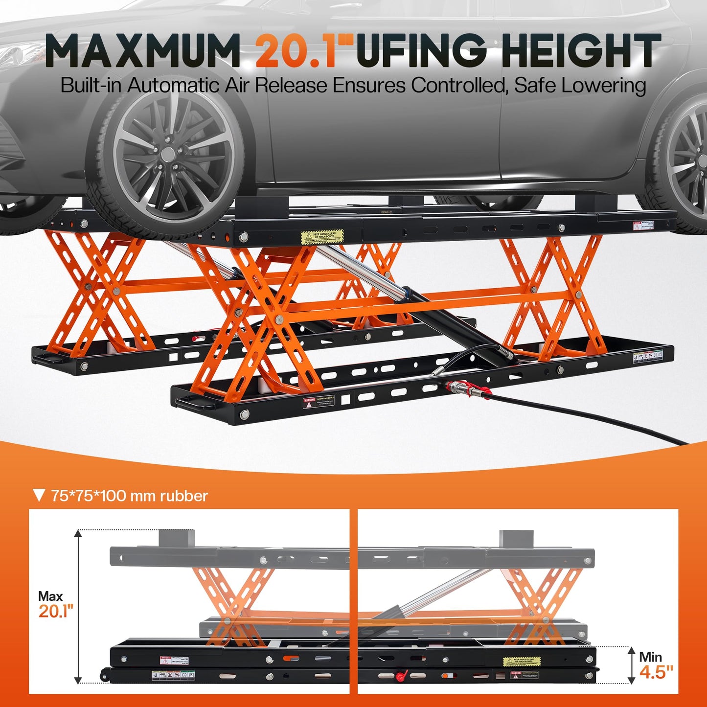SPECRAFT 5000 LBS Portable Car Lift, Heavy-Duty Hydraulic Quick Jack with 20.1" Max Height, Multi-Safety Lock Bars & Wheels, Adjustable Scissor Lift for Cars, SUVs, Light Trucks, Garage Use, Black