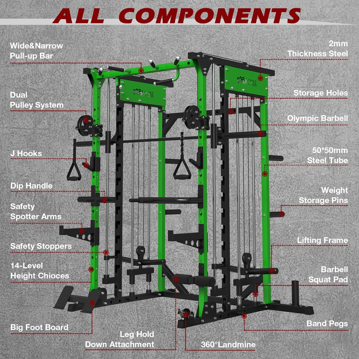 ONNO Smith Machine, 2200lbs Squat Rack with LAT-Pull Down & Cable Crossover System, Multi-Function Power Cage for Home Gym with Leg Hold-Down Attachment, Green