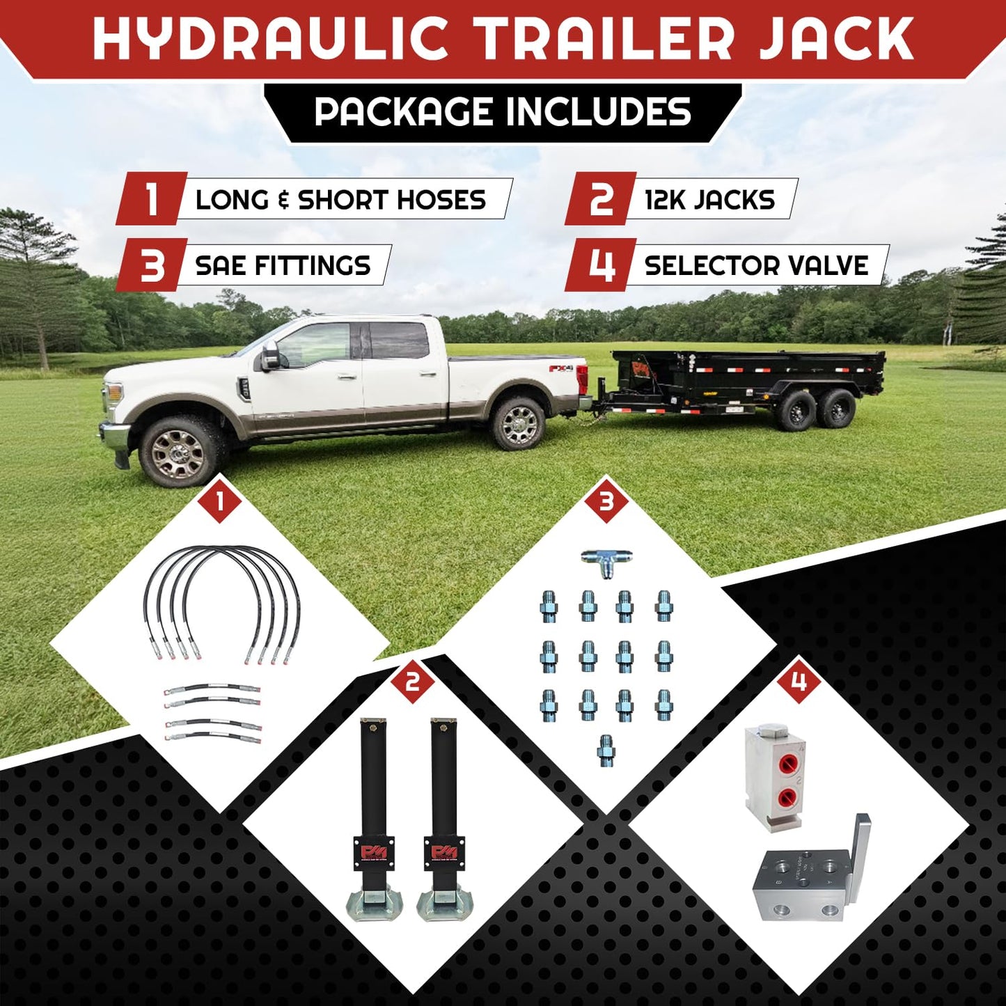 Primary Mover Hydraulic Trailer Jack (24,000 lb) - Power Jack 12K x 2 Double Acting, Lift Trailer Jack Stand & Hydraulic Jack Bracket kit with Hydraulic Power Unit (24k Jack Bolt On) PFJ-2-MB-ADS-K