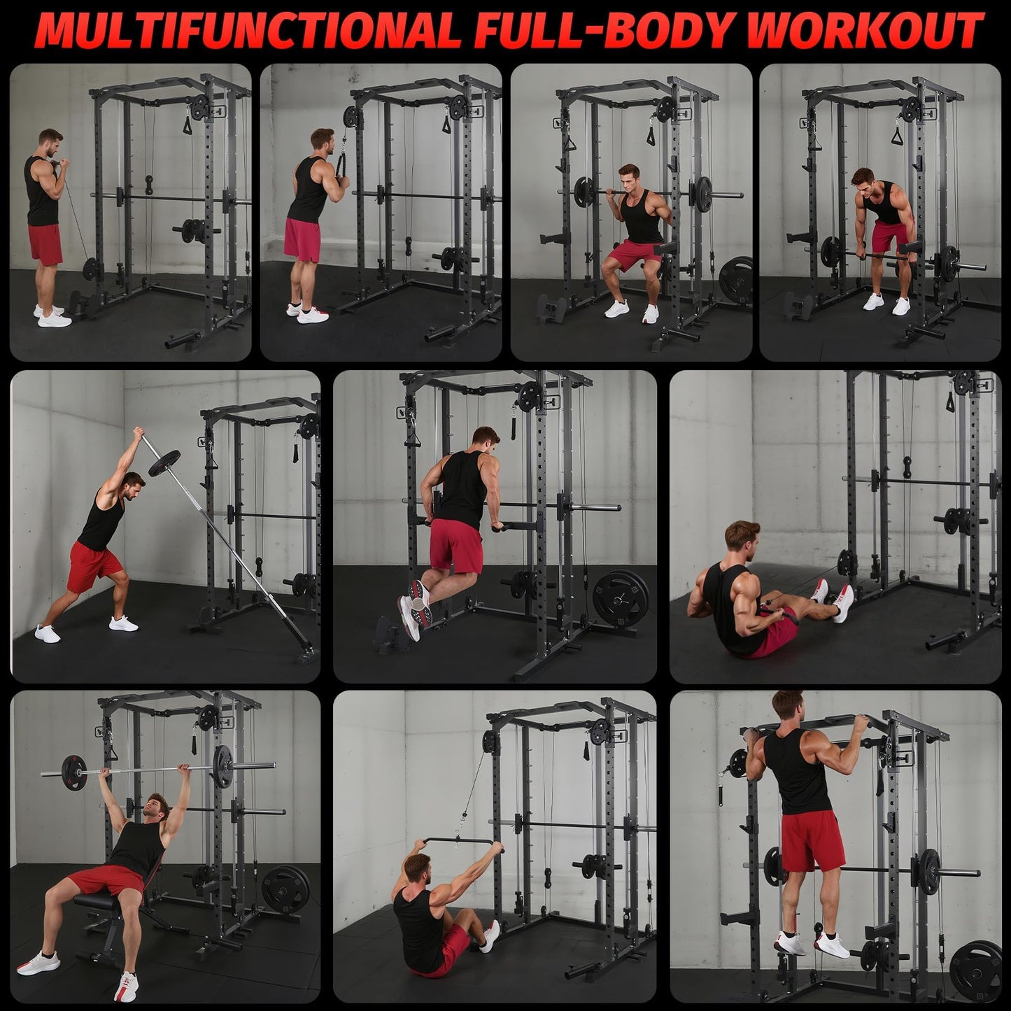GAOMON Smith Machine Squat Rack, Heavy Duty Strength Training Power Cage with Pulley System, Dip Bar, LAT Pulldown, Multifunctional Workout Machine for Home Gym, Studio, Black