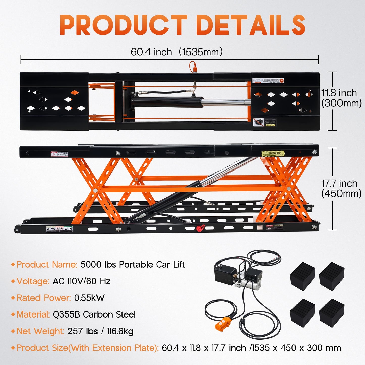 SPECRAFT 5000 LBS Portable Car Lift, Heavy-Duty Hydraulic Quick Jack with 20.1" Max Height, Multi-Safety Lock Bars & Wheels, Adjustable Scissor Lift for Cars, SUVs, Light Trucks, Garage Use, Black