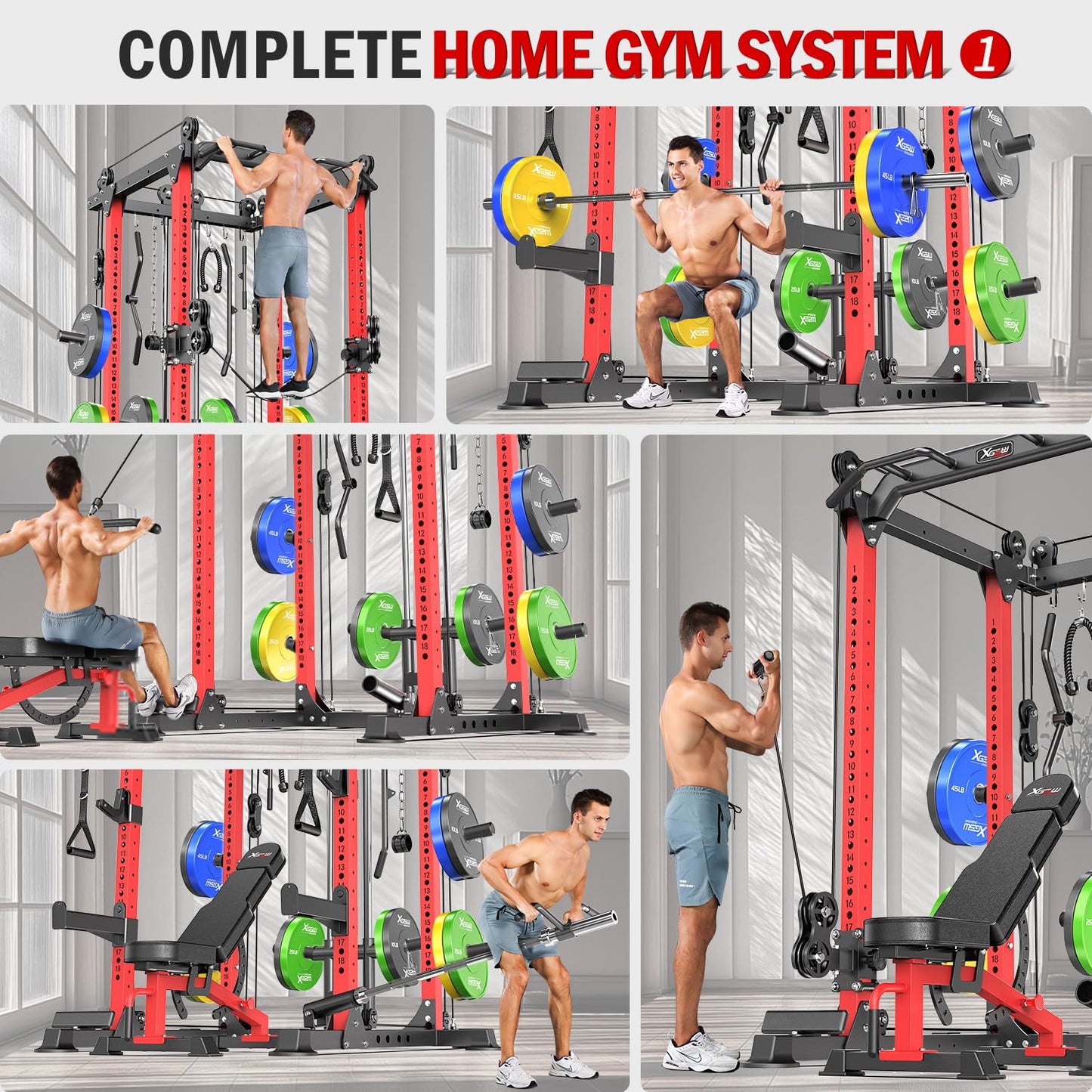 Power Rack Power Cage Multi-Function Squat Rack with Cable Crossover System Selectable More Training Attachment Power Rack for Garage & Home Gym (Red, E Set L02+Weight Bench+（Pole+Cast Iron） 336LBS)
