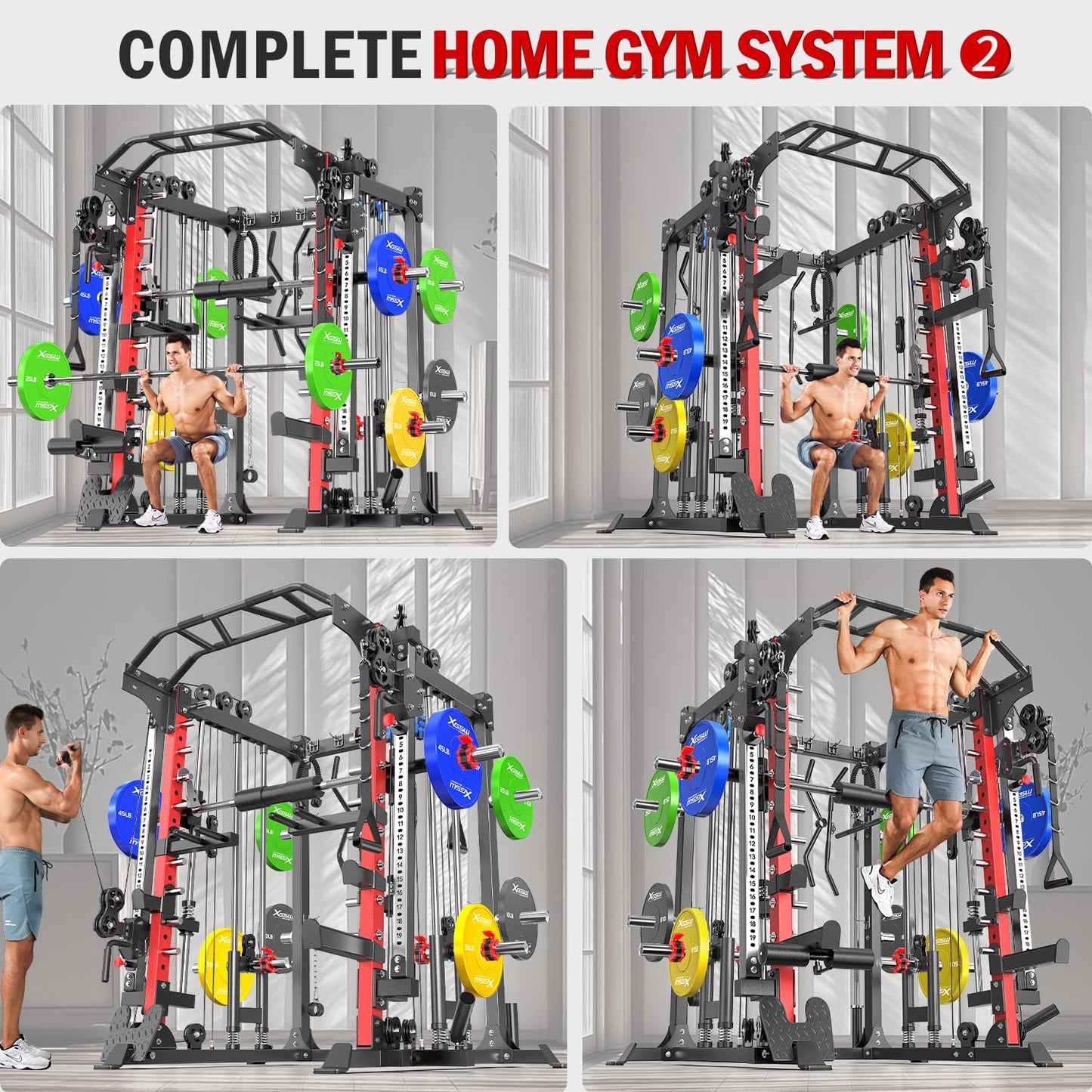Smith Machine，Multi-Function Squat Rack Power Cage with Cable Crossover System,with Optional Weight Bench, Olympic Barbell Weight Set, for Home Gym (Black, L05-Package（Pole+Color BP） 263LBS)