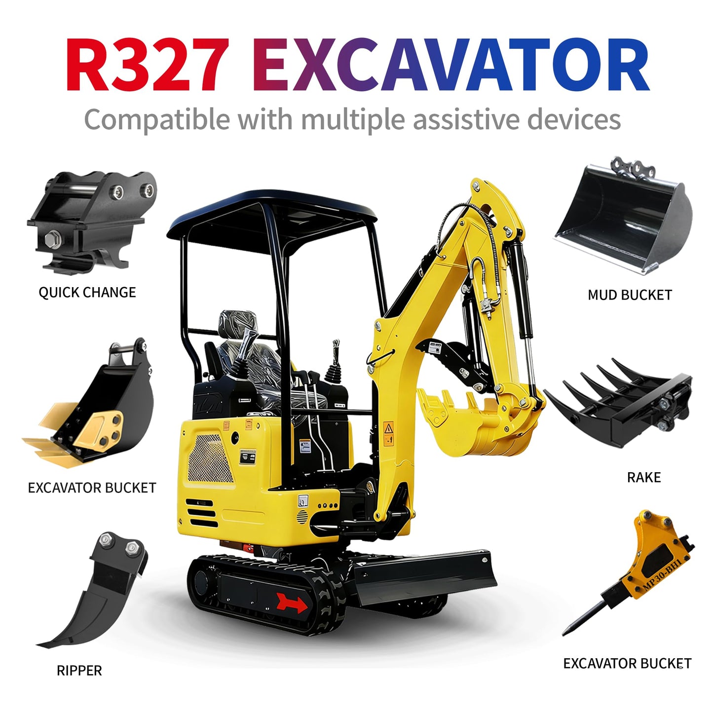 DS-R327, 1.8 Ton Mini Excavator, KubotaDiesel 14HP, w/Pilot Controls Side Swing Boom & Crawler Extension, Includes 11 Attachments, w/12 Months Parts Replacement, Delivery & Unloading Services
