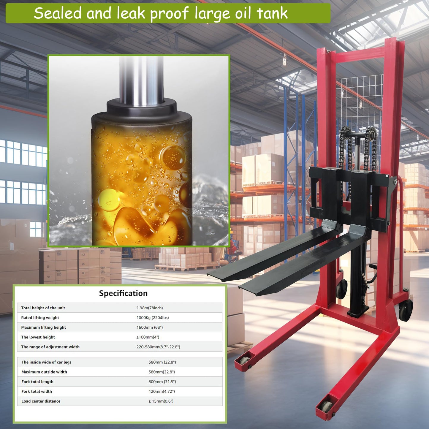 TECHTONGDA Manual Pallet Stacker, Hydraulic Hand Pallet Forklift, Material Lift Winch Stacker, 2200lbs Capacity, 63inch Lifting Height, Lift Truck Dolly for Warehouse & Factory