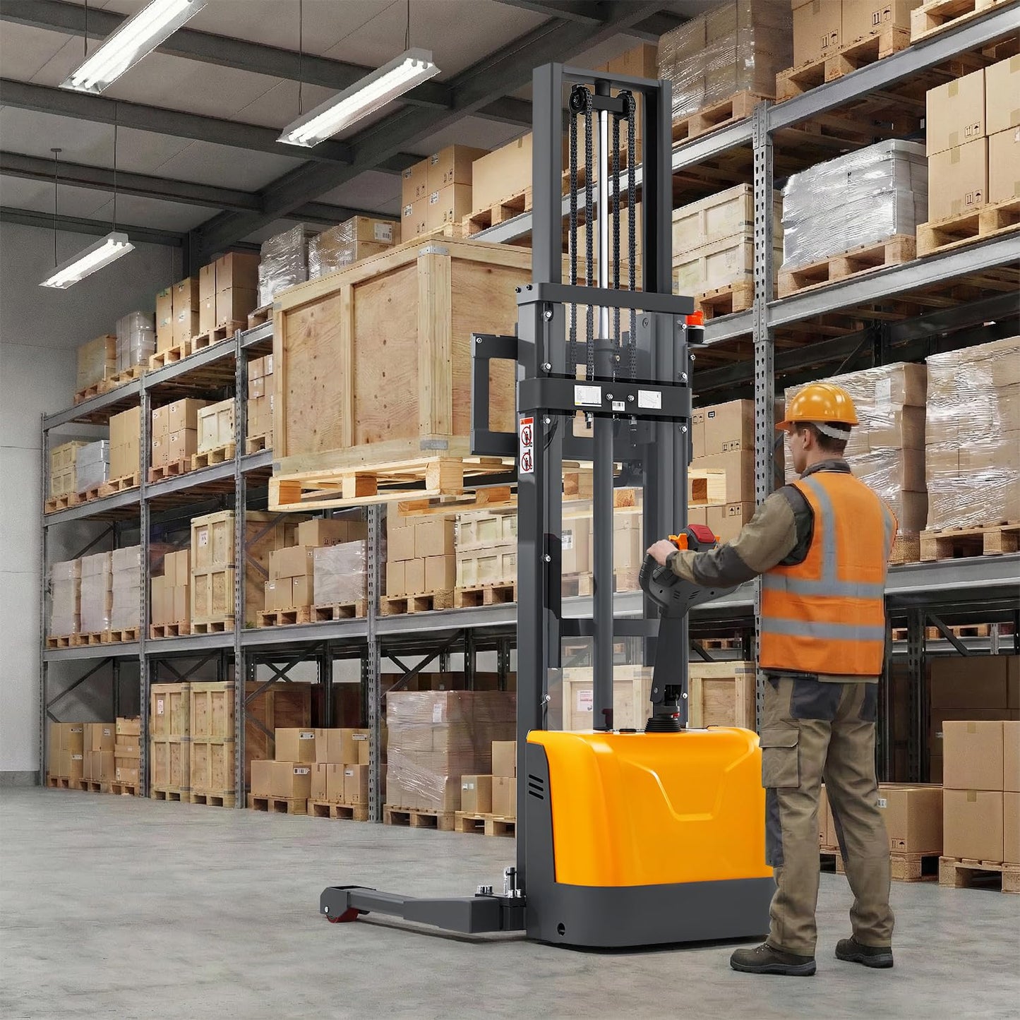 Tory Carrier Full Electric Pallet Stacker, Powered Forklift 3300 lbs Capacity, 138 inch Max. Lifting Height, Straddle Legs & Forks Material Lifts, Gel Battery Pallet Lift for Narrow Spaces