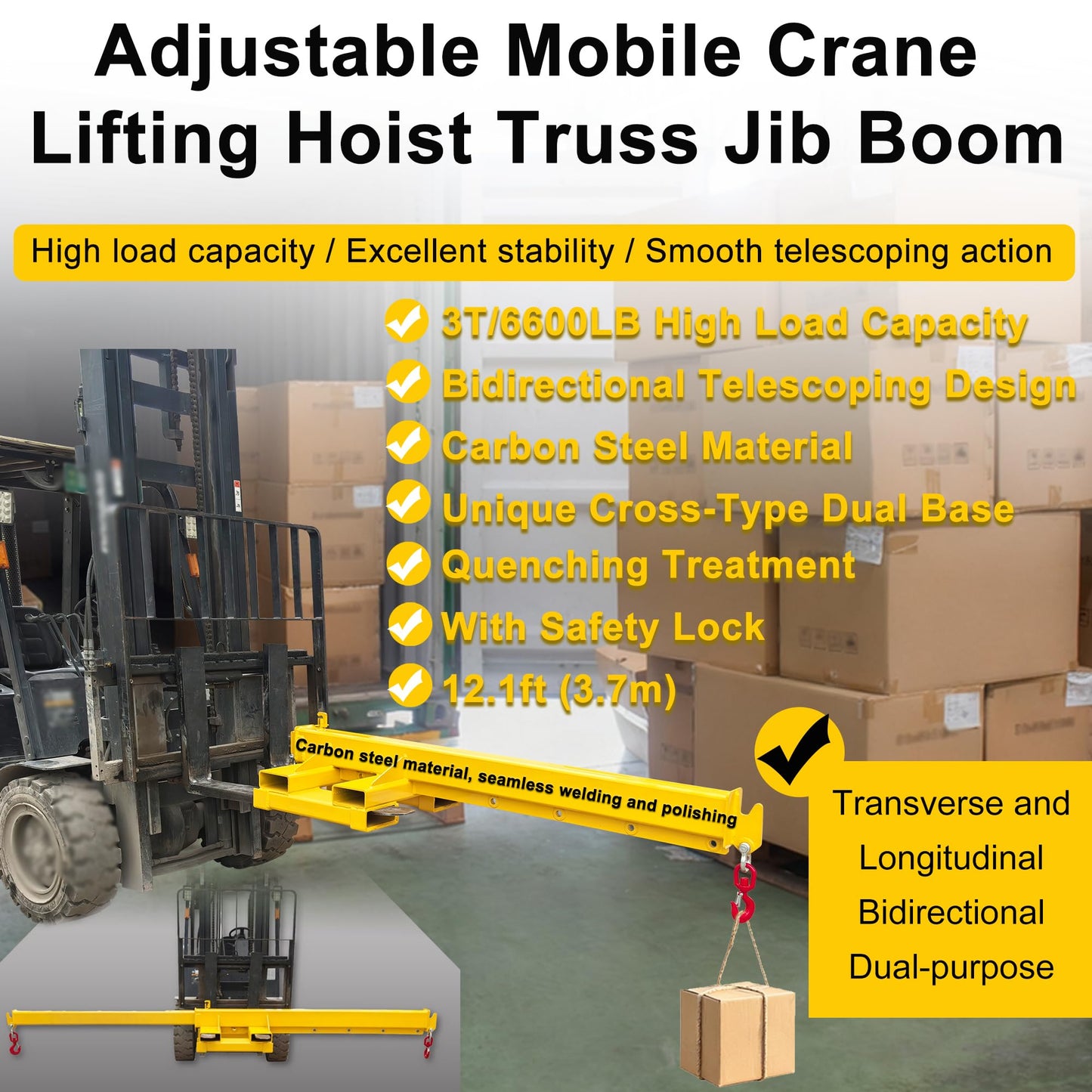 HayWHNKN 3T Forklift Jib Boom Hoist 12.1FT Bidirectional Telescopic Mobile Crane Attachment with 2 Bases, 2 Hooks, 6.3x2.56'' Socket, Lifting Towing Handling for Warehouse & Construction Material