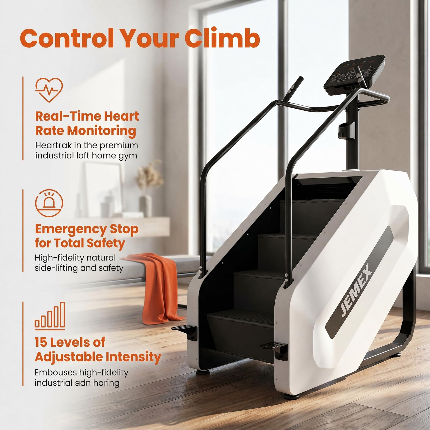 JEMEX Stair Stepper Machine, Heavy Duty Stair Climber with 15 Resistance Levels, Low Impact Cardio for Home Gym, Infrared Auto-Lock, LED or Standard Model, 375 lbs (White, Standard Button)