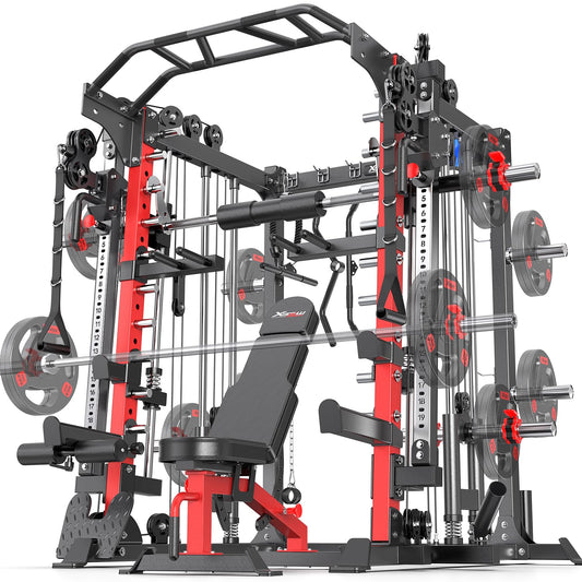 Smith Machine，Multi-Function Squat Rack Power Cage with Cable Crossover System,with Optional Weight Bench, Olympic Barbell Weight Set, for Home Gym (red, L05-Power Cage + Weight Bench)