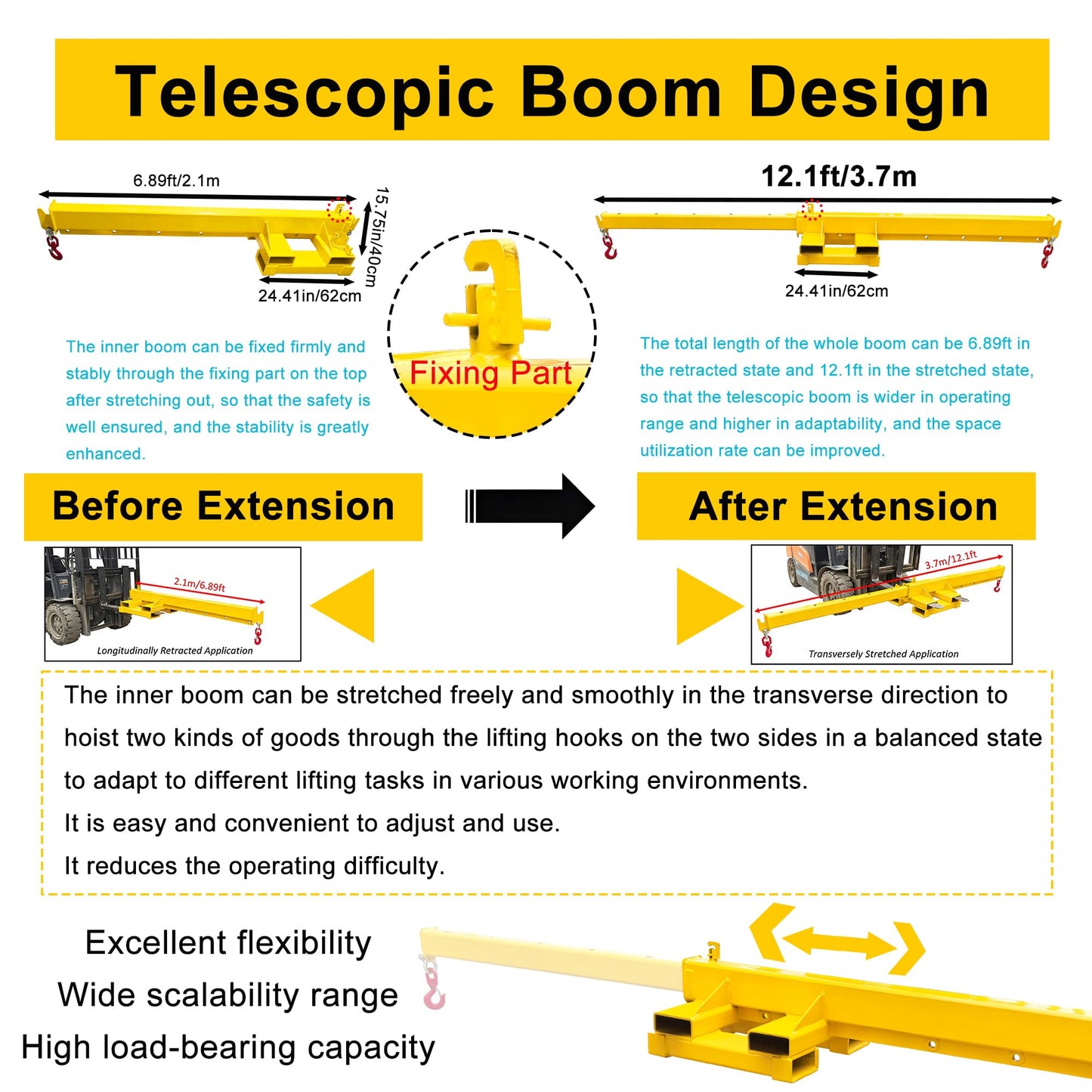HayWHNKN 2T Forklift Jib Boom Hoist 12.1FT Bidirectional Telescopic Mobile Crane Attachment with 2 Bases, 2 Hooks, 6.3x2.56'' Socket, Lifting Towing Handling for Warehouse & Construction Material