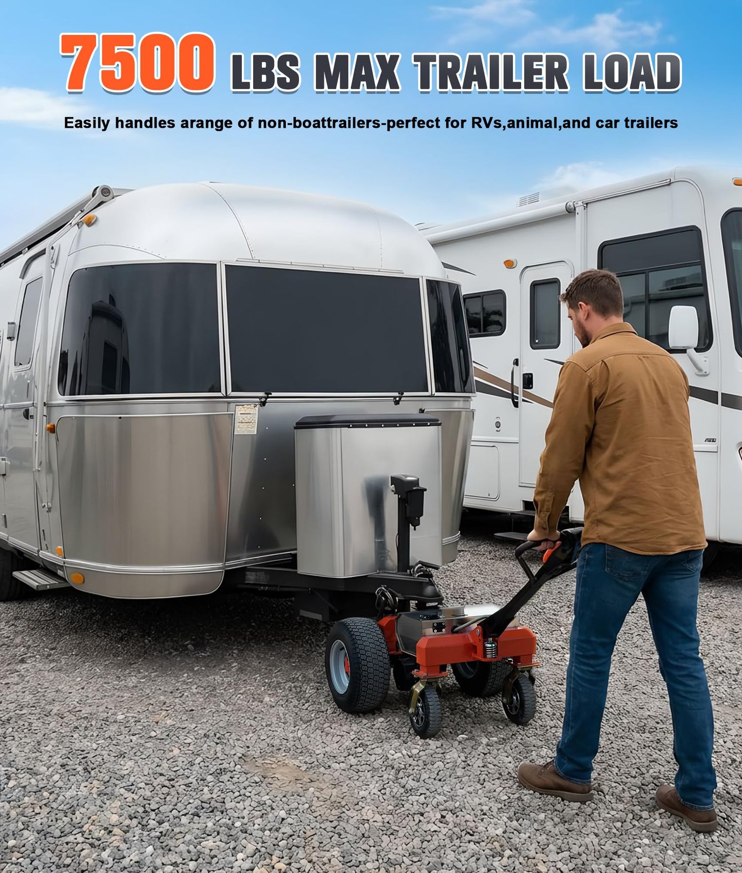 Gasgo Electric Trailer Dolly – 7500 Lbs Capacity, All-Terrain 6-Wheel Anti-Tip Design, Handheld Reverse/Drive/Brake Control, Dual 2" & 4" Ball Hitch Mount for RVs, Car Trailers, Campers (Orange)