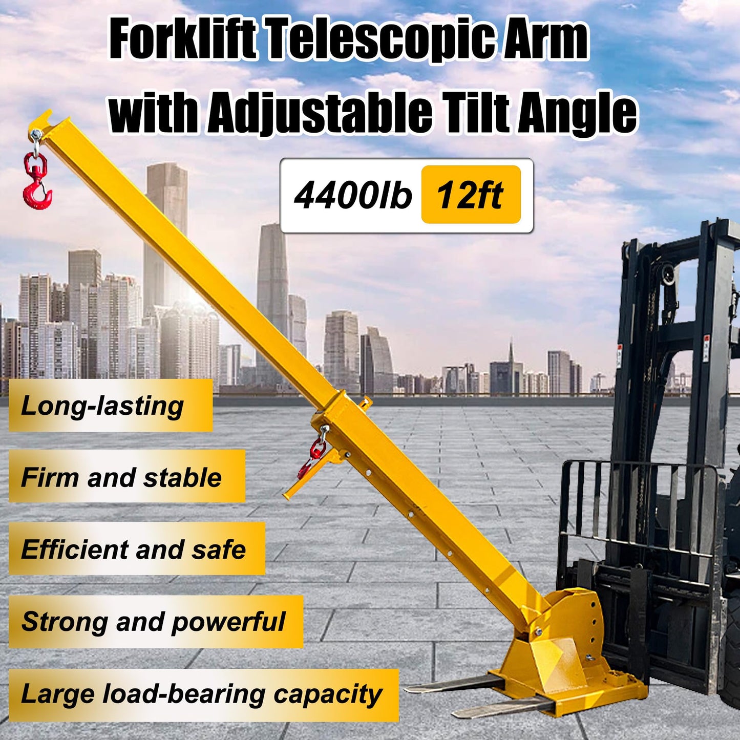 HQHAOTWU Forklift Jib Boom Crane 4400lbs Capacity Telescoping Mobile Crane Industrial 0-75 Degrees Tilting Lifting Hoist Truss Jib Boom with 2 Hooks Manual Telescopic 7-12ft for Warehouse & Factories
