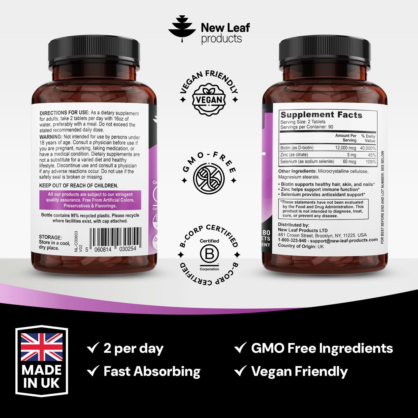 Biotin Hair Skin and Nails Vitamins 12000mcg High Strength - Promotes Healthy Hair Skin & Nails - Biotin Vitamins for Women & Men Vegan, 3 Month Supply, 180 Tablets - Made in The UK by New Leaf