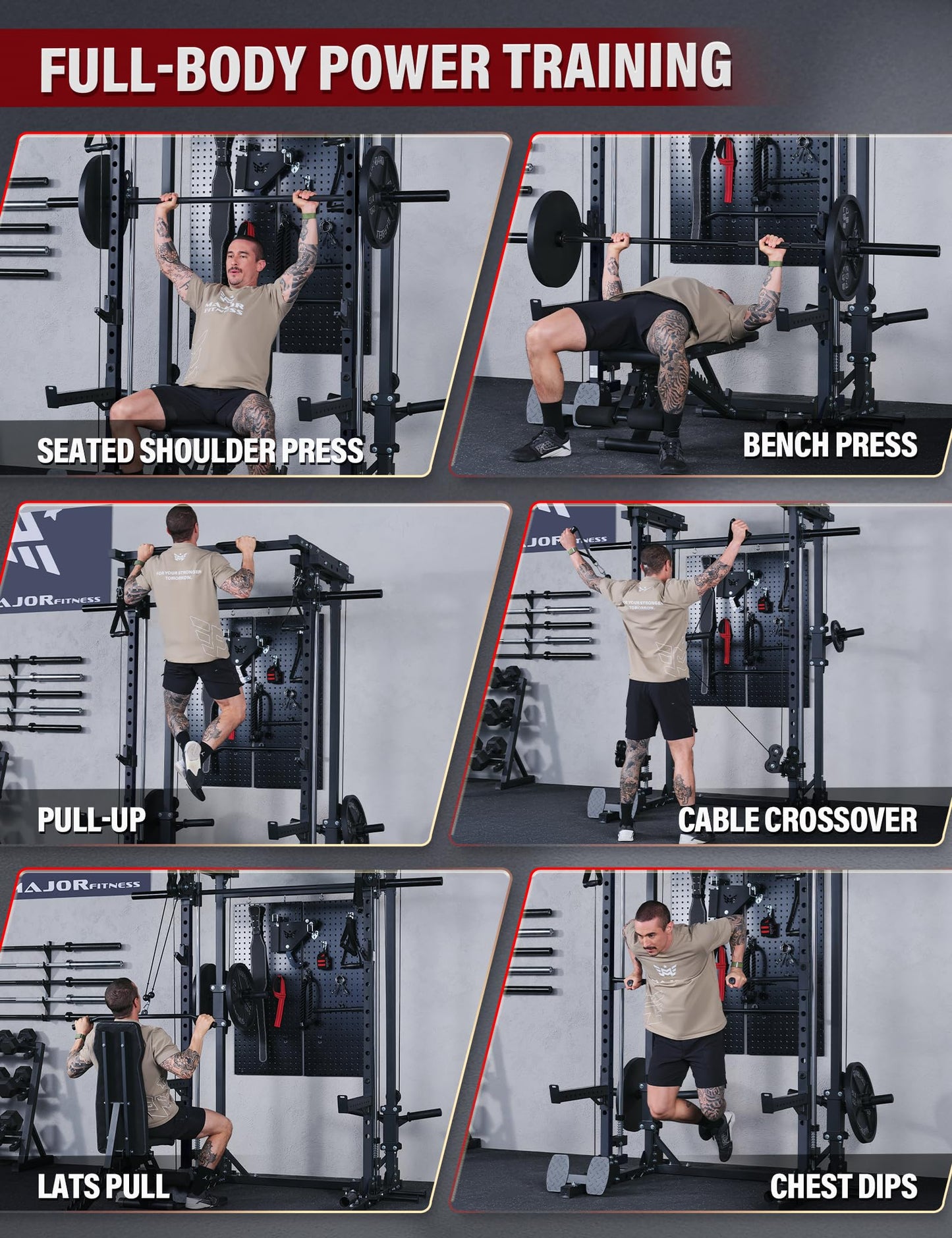 MAJOR FITNESS Drone3 Smith Machine, 2500lbs All-in-One Home Gym Power Rack with Dual Pulley System for Cable Crossover, Pull-Up Bars (D3SMS-BK (with Bench Elite BLK & 230LB BLK BP & Bar))