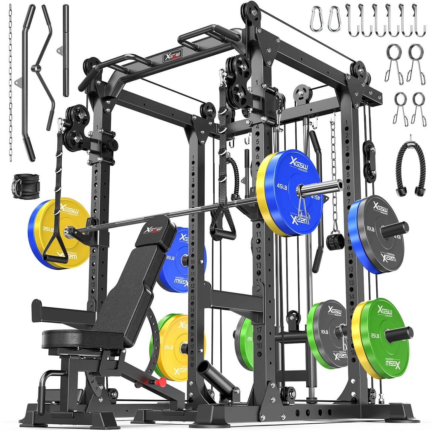 XGSW XINGESIWR Multi-Purpose Squat Rack,Smith Machine Weight Rack Set with Cable Crossover System, Home Gym Power Racks, Power Racks and Packages (L02, Power cage Black+Bench+Color BP 230LBS)