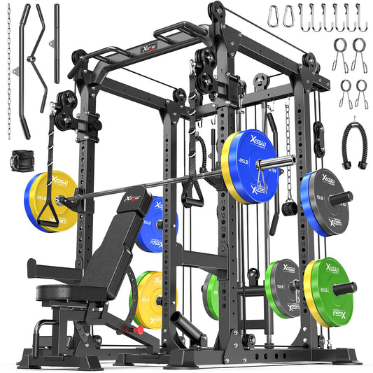 XGSW XINGESIWR Multi-Purpose Squat Rack,Smith Machine Weight Rack Set with Cable Crossover System, Home Gym Power Racks, Power Racks and Packages (L02, Power cage Black+Bench+Color BP 230LBS)