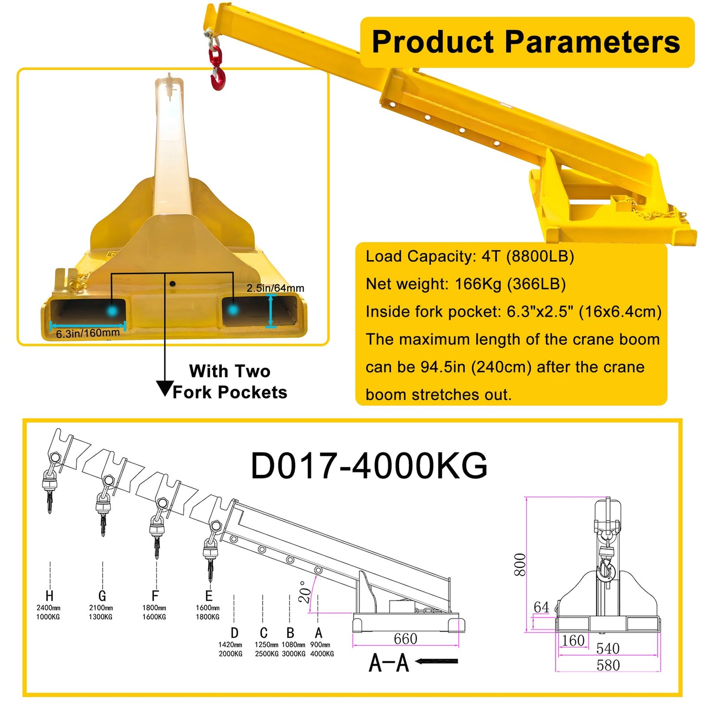 HayWHNKN Forklift Jib Boom Forklift Mobile Crane, 4T / 8800LB Telescopic Crane Attachment with Hook, Max Length 94.5'' Mobile Lifting Hoist Towing Handling for Warehouse & Construction Material