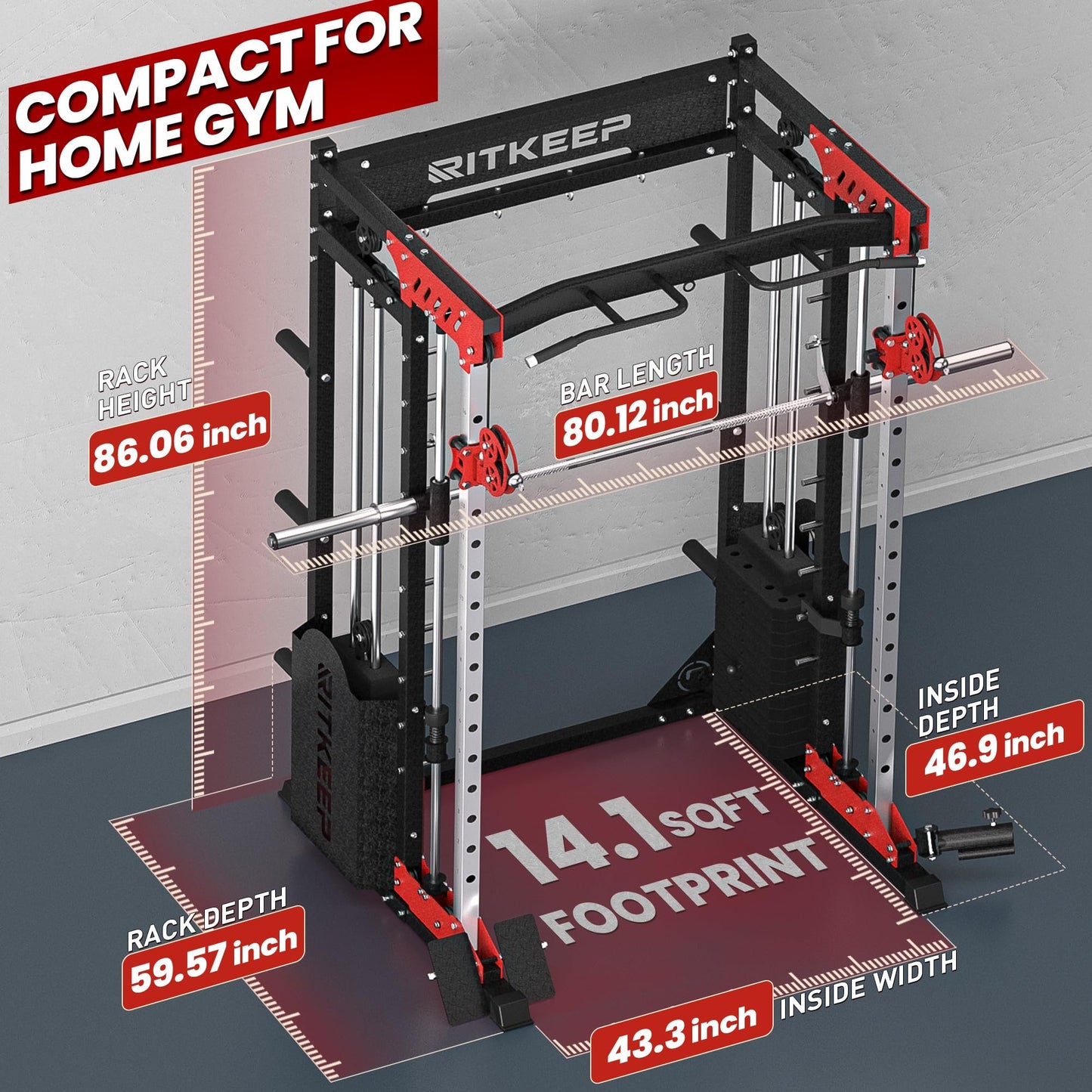 Home Gym Smith Machine with 320lb Weight Stacks – 6-in-1 Power Rack, Crossover, Pull-Up & Dip Station, Full Body Strength Training – RitKeep PMAX-5600 Pro (Red&Black(320LB)-2025 Version)