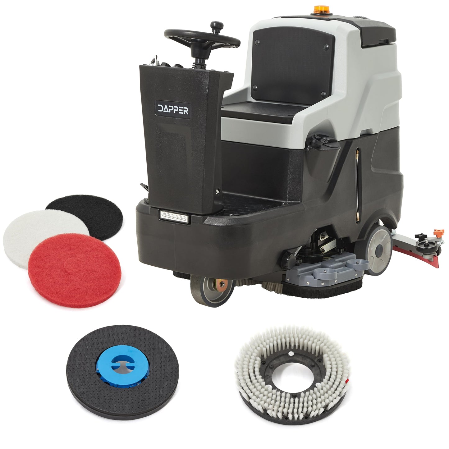 Battery Powered Ride-On Commercial Floor Scrubber Machine, 30" Brush, 39" Squeegee Width, 24 gal Solution Tank, 25 gal Recovery Tank, 5 hr Use 8 hr Charge, 180 RPM, 52,000 Sqft/H, Batteries Included