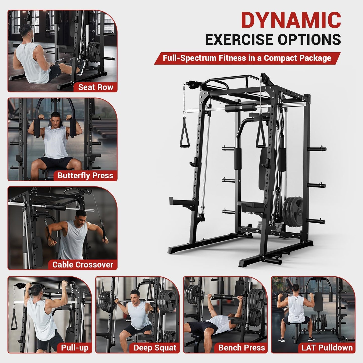 2000LBS Heavy Duty Smith Machine Power Cage – Multi-Function Strength Training Equipment for Home Gym – Includes LAT Pulldown, Chest Fly, Cable Crossover, Full Body Workout Attachments