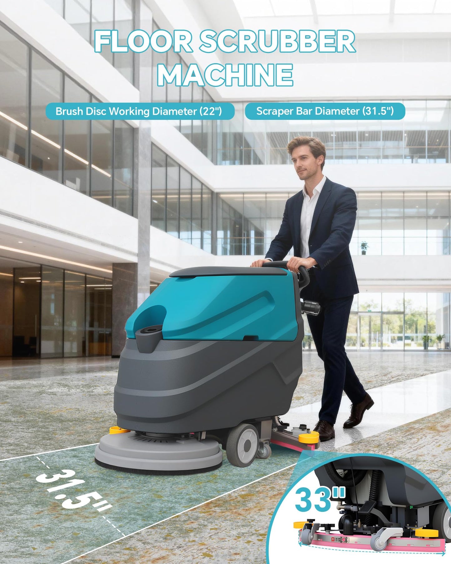 KARHDIR C7 Walk Behind Commercial Floor Scrubber Machine, 22" Cleaning Width, 31.5" Suction Width, 18.5 Gallon Solution Tank, 15.9 Gallon Recovery Tank, 32000 Sqft/h, Complete Set of Parts