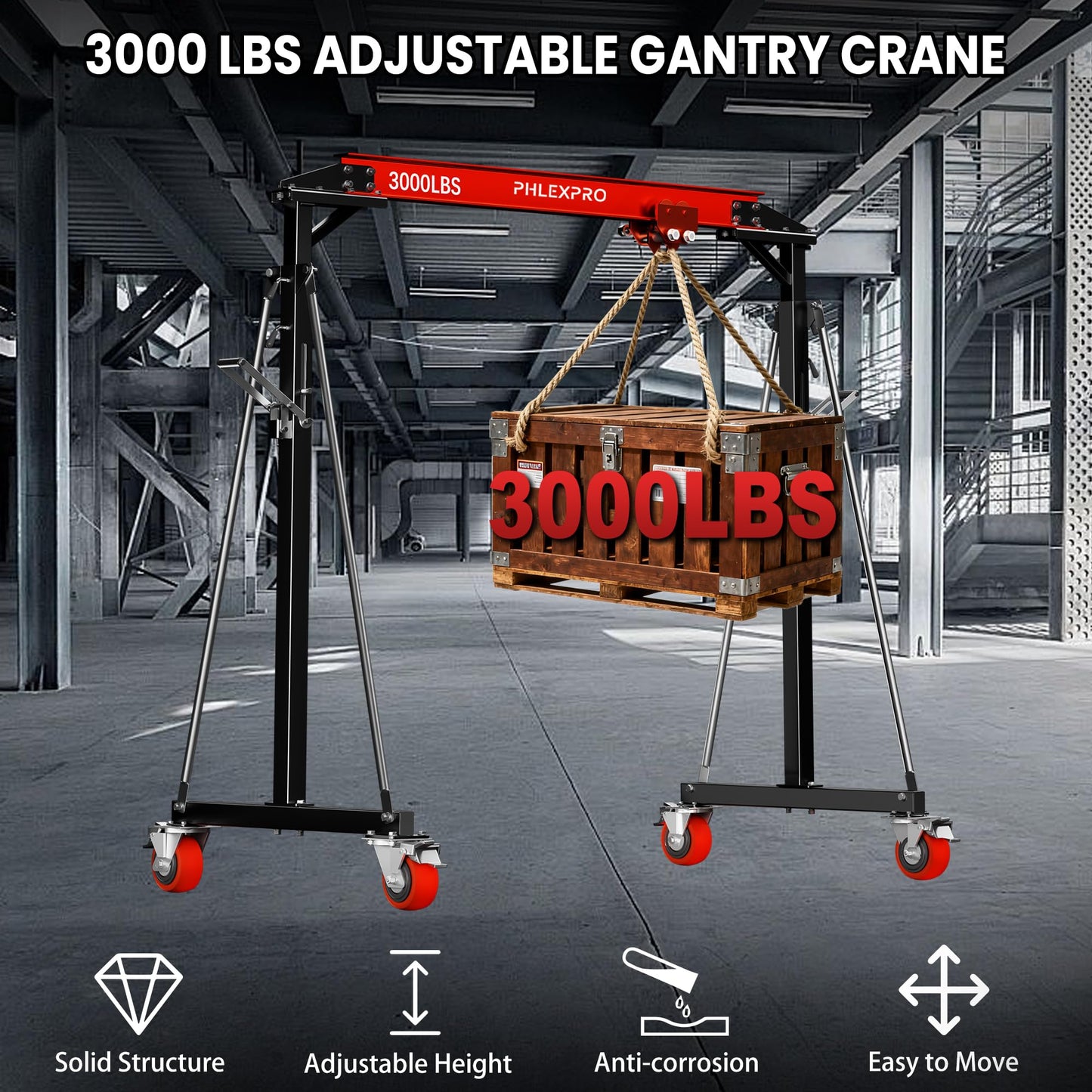 1 Ton Gantry Crane - MAX3000Lbs Portable Hoist Frame with Steel I-Beam Construction, Adjustable Height 8.57-12.50ft, Lifting Gantry for Factories, Garage, Auto Repair, Construction Site, Red