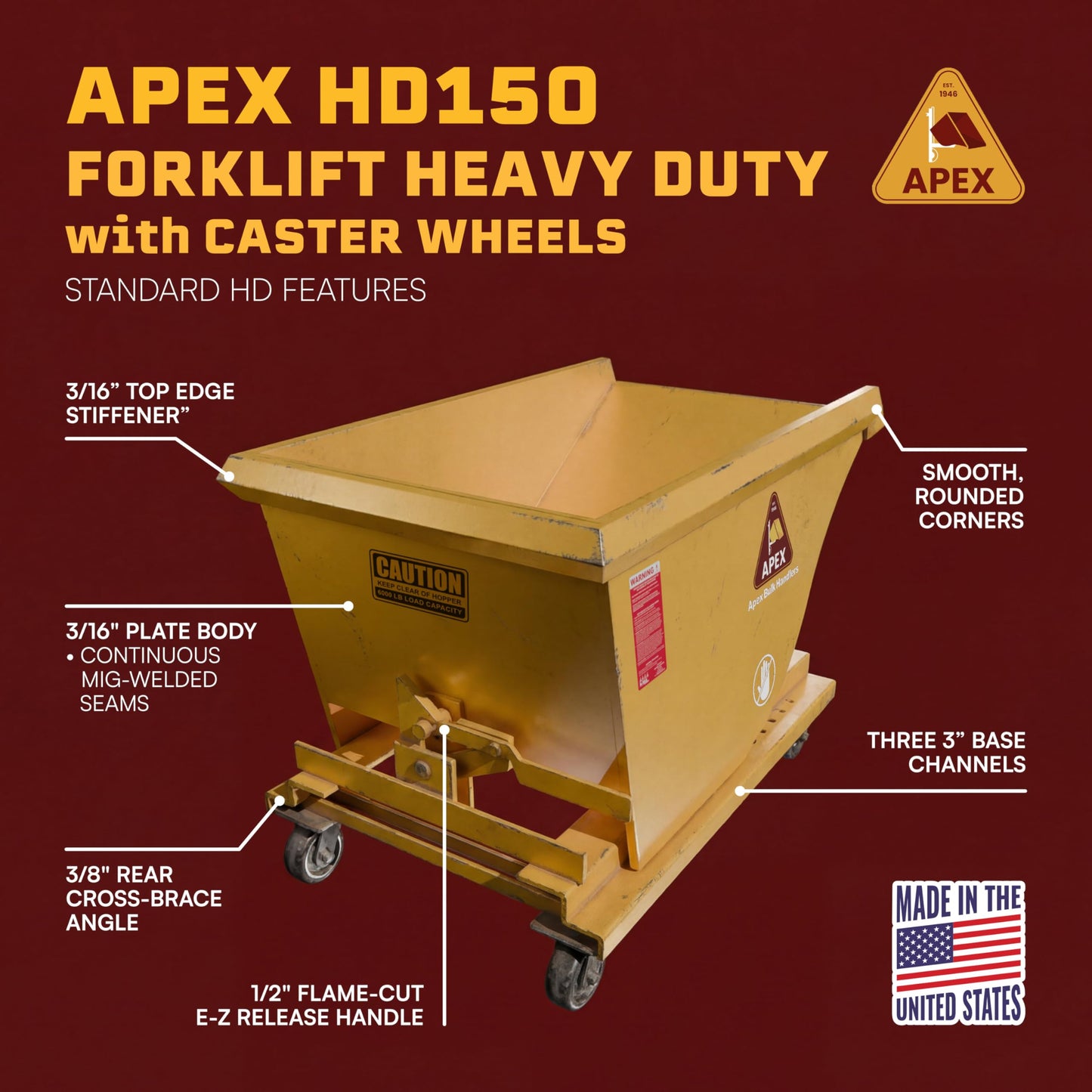 Apex Heavy Duty Self-Dumping Hopper with Casters, 1 1/2 Cubic Yard Capacity, 6000 lb Load, Durable Steel Construction, Commercial and Industrial Use, Made in The USA (1 1/2 Cubic Yard)
