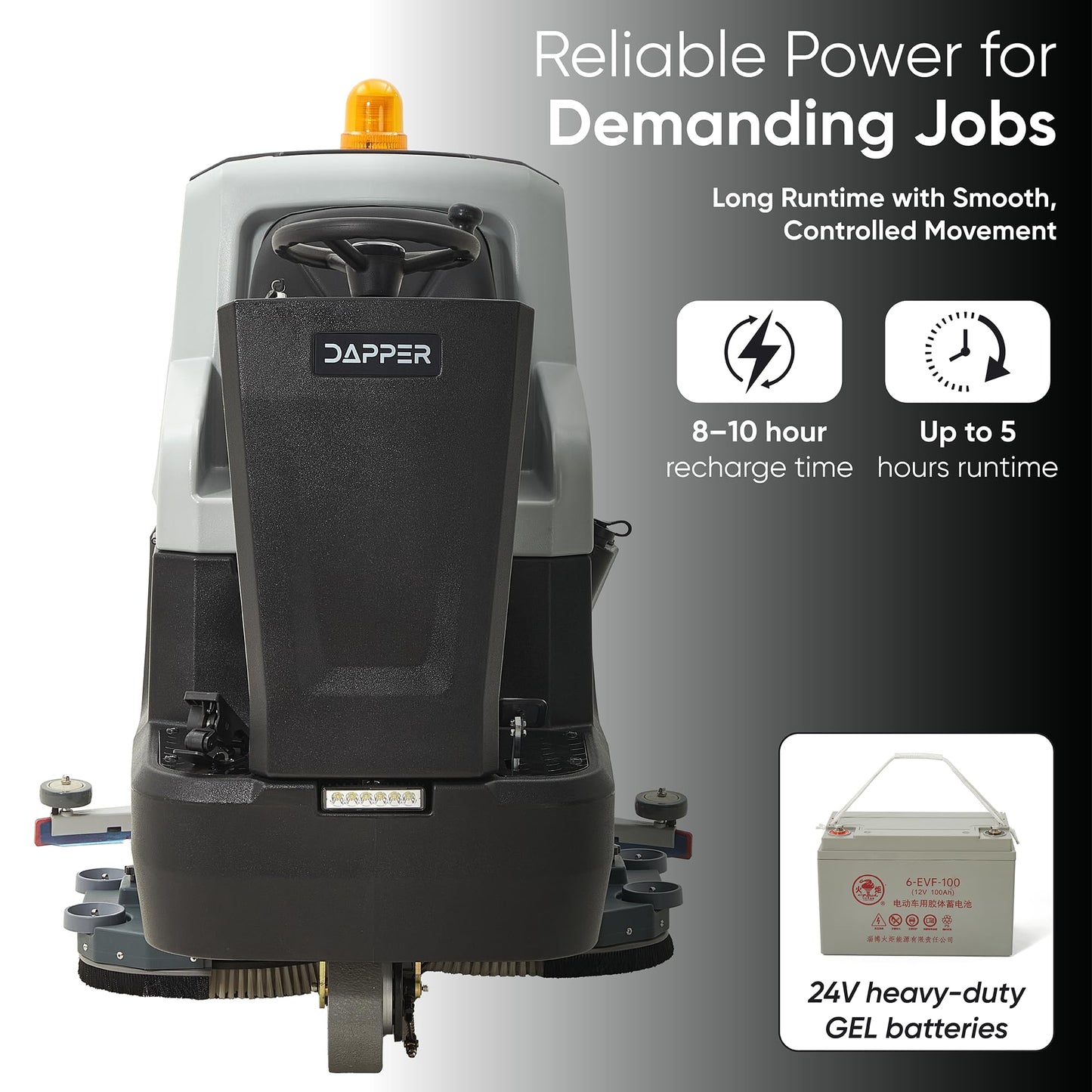 Battery Powered Ride-On Commercial Floor Scrubber Machine, 38" Brush, 48" Squeegee Width, 46 gal Solution Tank, 48 gal Recovery Tank, 5 hr Use 8 hr Charge, 180 RPM, 84,000 Sqft/H, Batteries Included