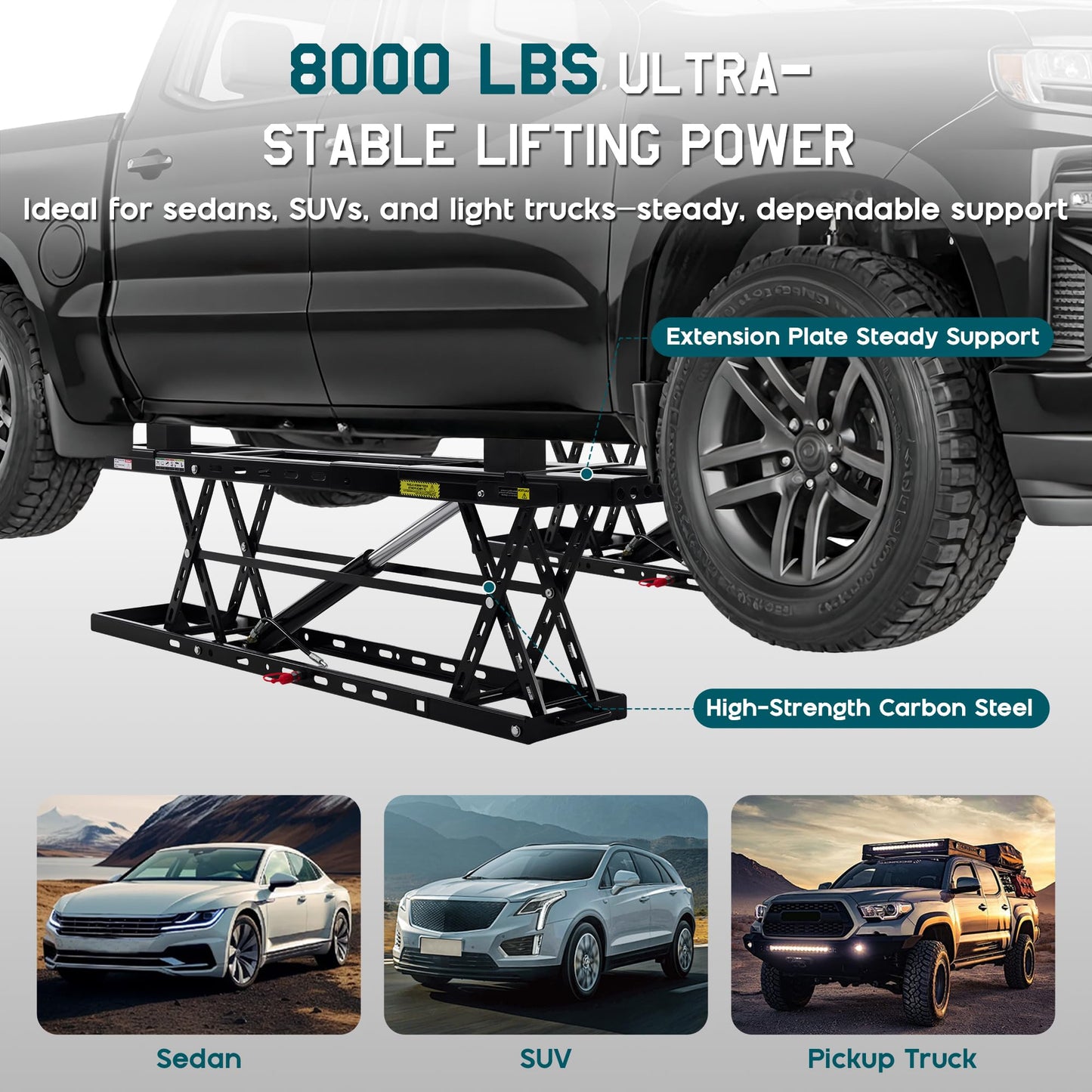 Albott 8000 LBS Portable Car Lift for Home Garage, Heavy-Duty Q355B Steel Vehicle Lift, Adjustable Height up to 27.4", 25–30s Fast Cycle, Locking Levers, Extension Plate, Foldable with Wheels