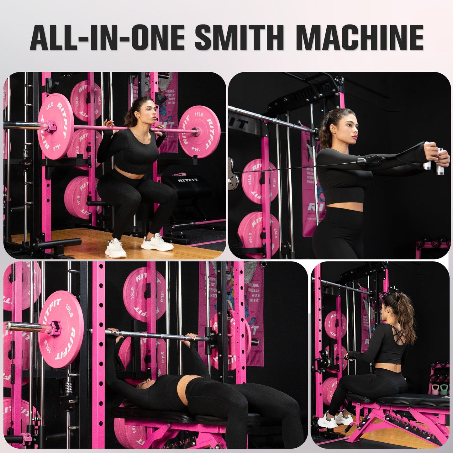 RitFit M1 & M1 Pro Smith Machine with Cable Crossover System, Multi-Function Squat Rack Power Cage for Home Gym, Power Rack and Packages Pink