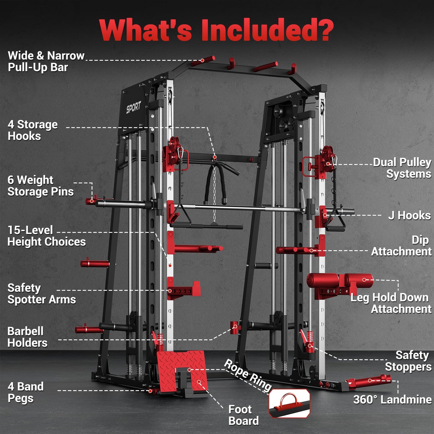 Smith Machine for Home Gym, Multifunctional Strength Training Power Cage with T Bar, LAT-Pull Down System and Cable System, 2200 Lbs Squat Rack with More Training Attachment, Black