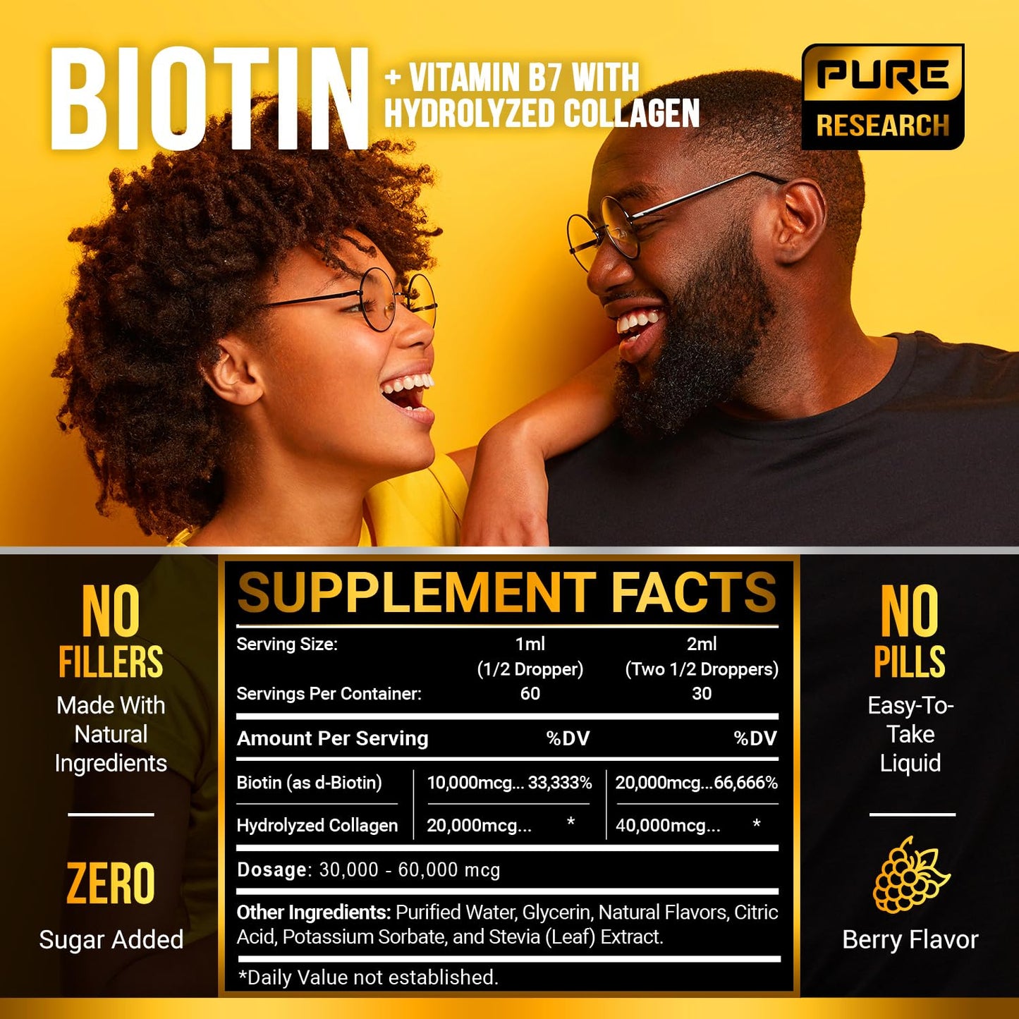 PURE RESEARCH Liquid Biotin & Collagen Hair Growth Drops 60,000mcg – Biotin and Liquid Collagen Supplements for Women & Men – Supports Glowing Skin, Healthy Hair & Nail Growth (2Fl Oz)