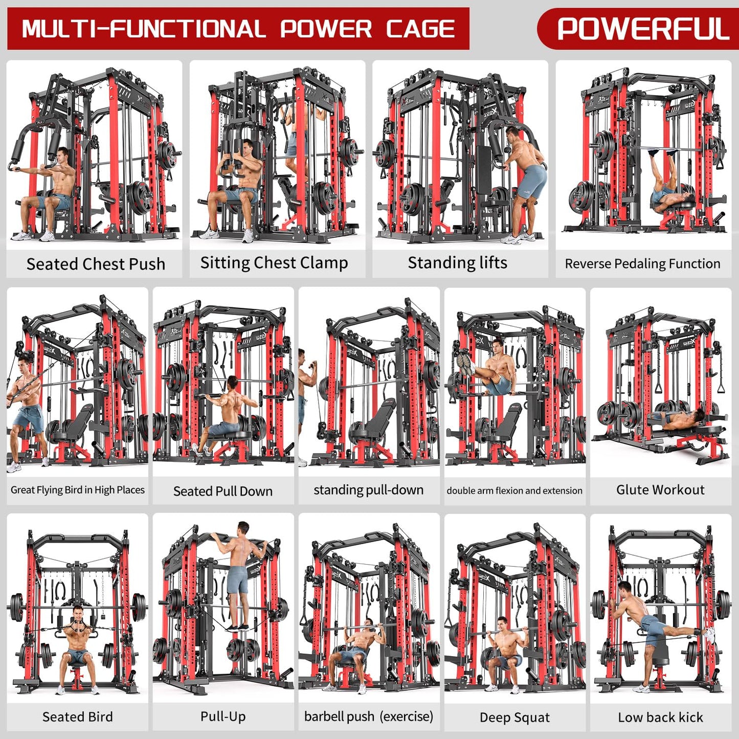 Multi-Purpose Squat Rack,Smith Machine Weight Rack Set with Cable Crossover System, Home Gym Power Racks, Power Racks and Packages (L06 two users, Power cage Red+bench+Cast lron 220LBS)