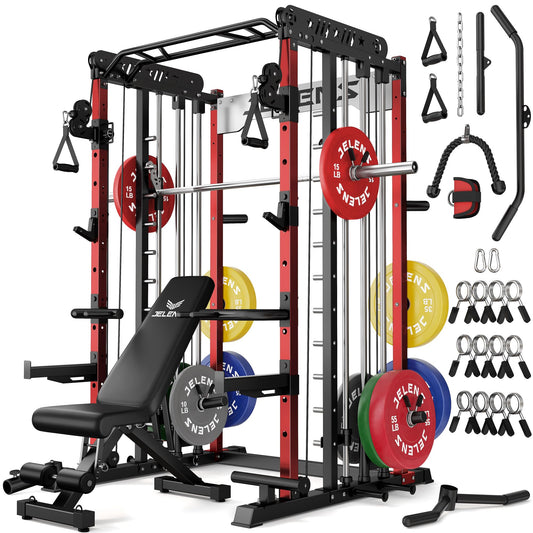 JELENS Smith Machine for Home Gym, Multi-Function M12 Power Cage with Cable Crossover System, Squat Rack with Smith Bar and More Attachment (Red, 370LB Colored Weights Package)